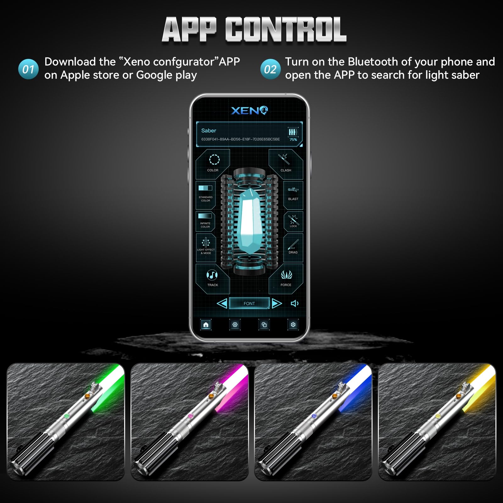 Duell Lichtschwert App Steuerung ANK Lightsaber, RGB 16 Farben 16 Sound Fonts Metallgriff Licht Schwerter für Erwachsene
