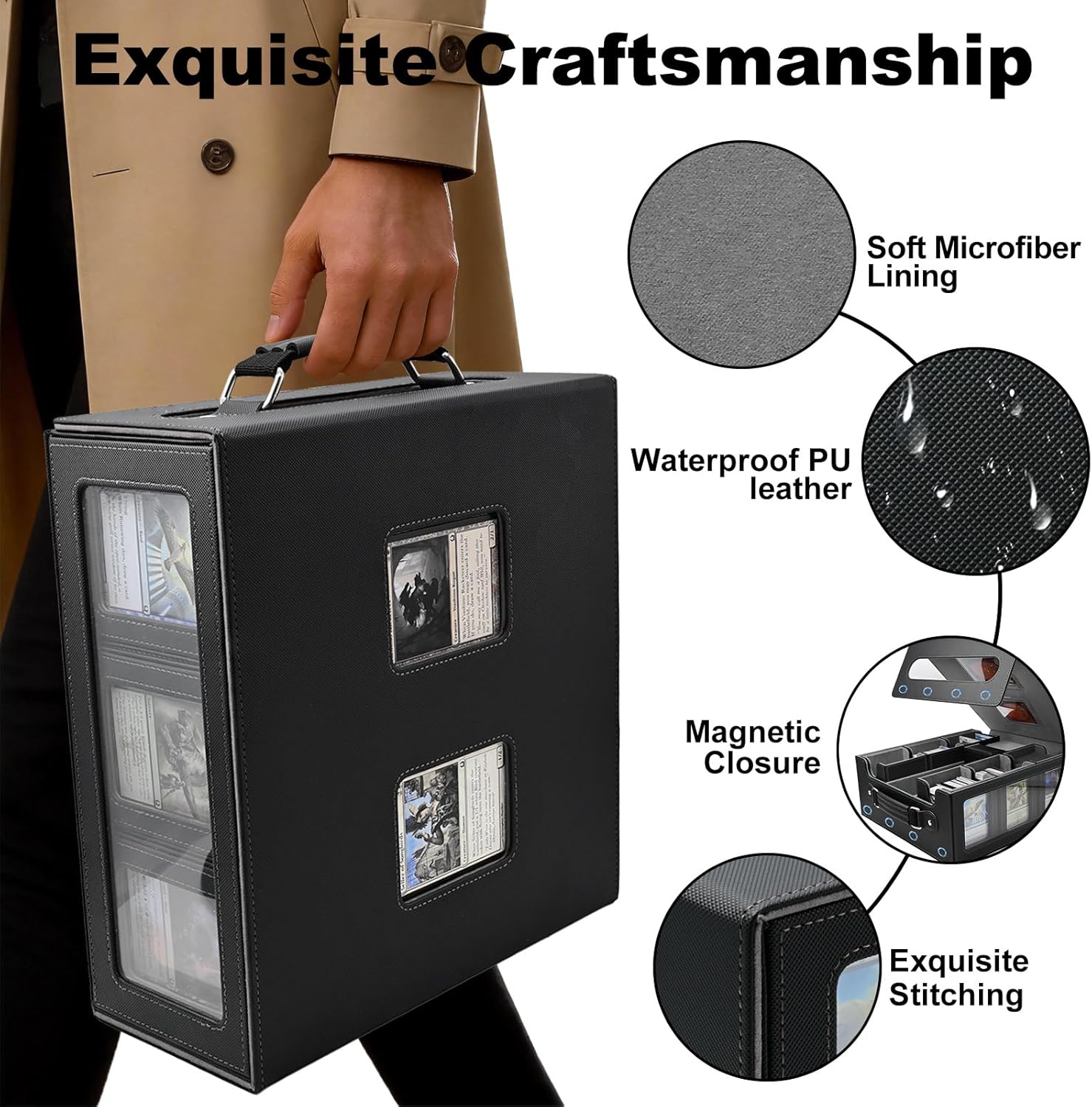 7-in-1 Trading Card Storage Box with Handle, MTG TCG Deck Box with Commander Display Fits 1300+ Sleeved Cards - Includes 6 Toploaders, 3 Stoppers, 16 Colorful Dividers & Dice Box (Black Grey)