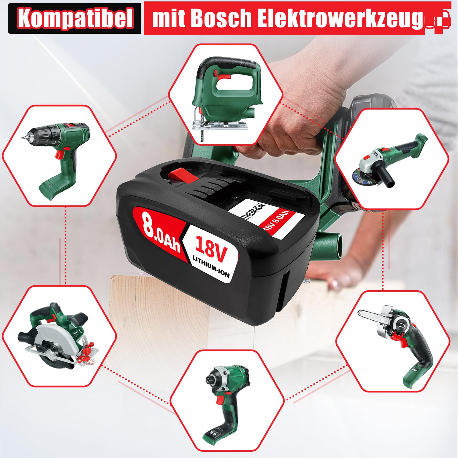 2PCS 18V 8.0Ah Kompatibel mit für Bosch 18V Akku Ersatz für Bosch Akku PBA PSB PSR Li-ion Home and Garden AL1810 CV, AL1815 CV, AL1830 CV, AL1880 CV