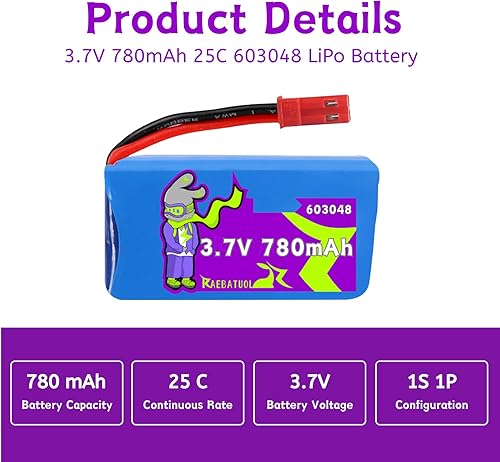 Miniatura 6 de Baterías Lipo de 3.7 V 780 mAh 603048 25C para drones V686 V626 V636 Q222, algún tipo de barco RC, coche de velocidad de control remoto, avión de