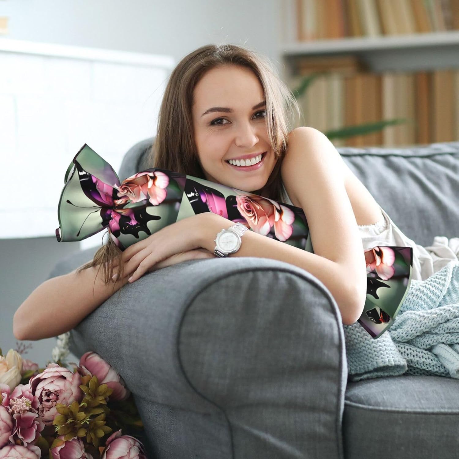 Flower Rose Butterfly Print Candy Cylindrical Comfortable Pillow Throw Pillows Home Decor Easy Maintenance