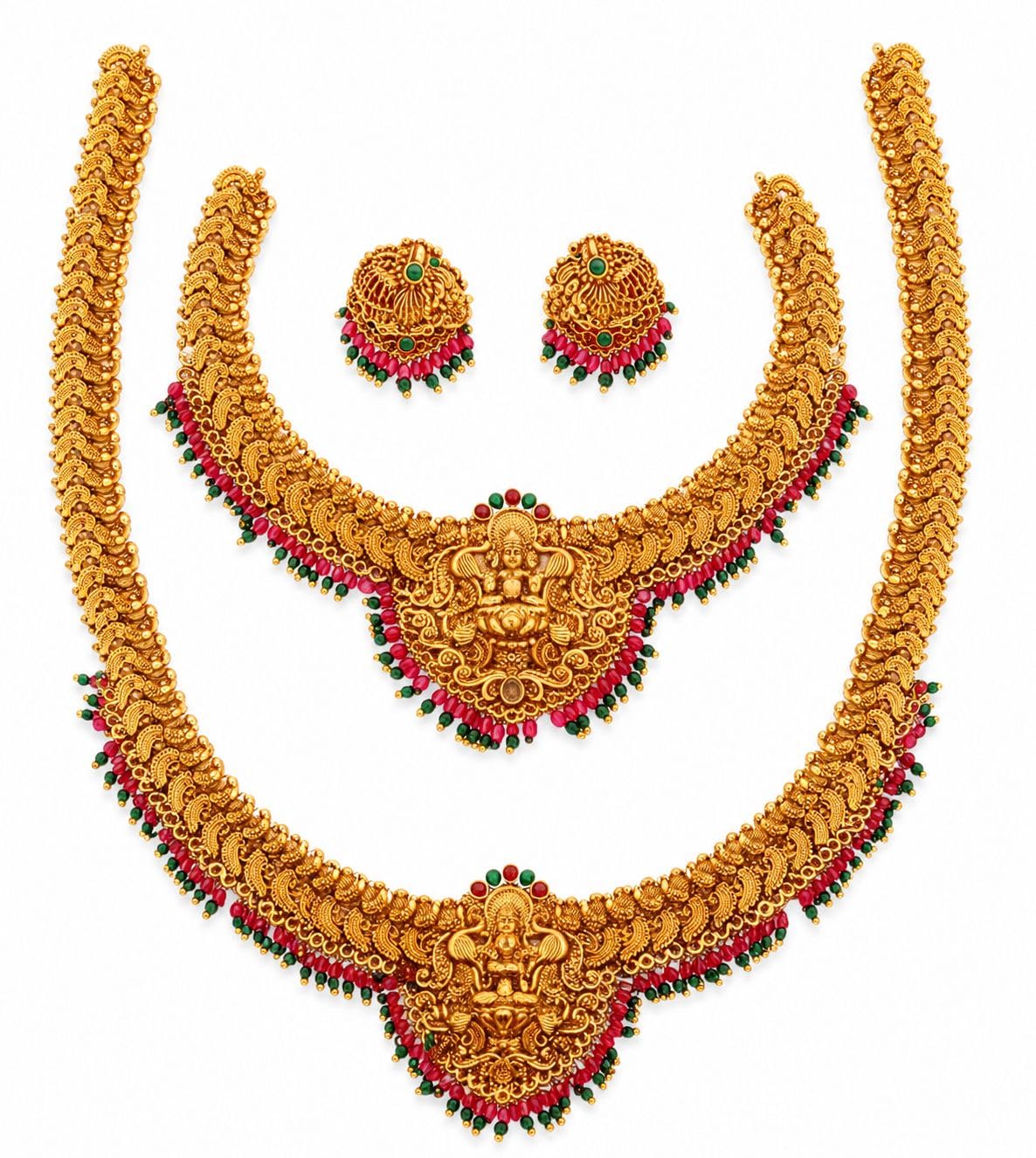 Feminine Chic Jewellery Set for Women – Gold Plated Matte Collar Necklace & Drop Earrings; Premium Festive Ethnic Fashion Jewelry Kit with Multicolour Artificial Stones & Cluster Beads Accent-image-39