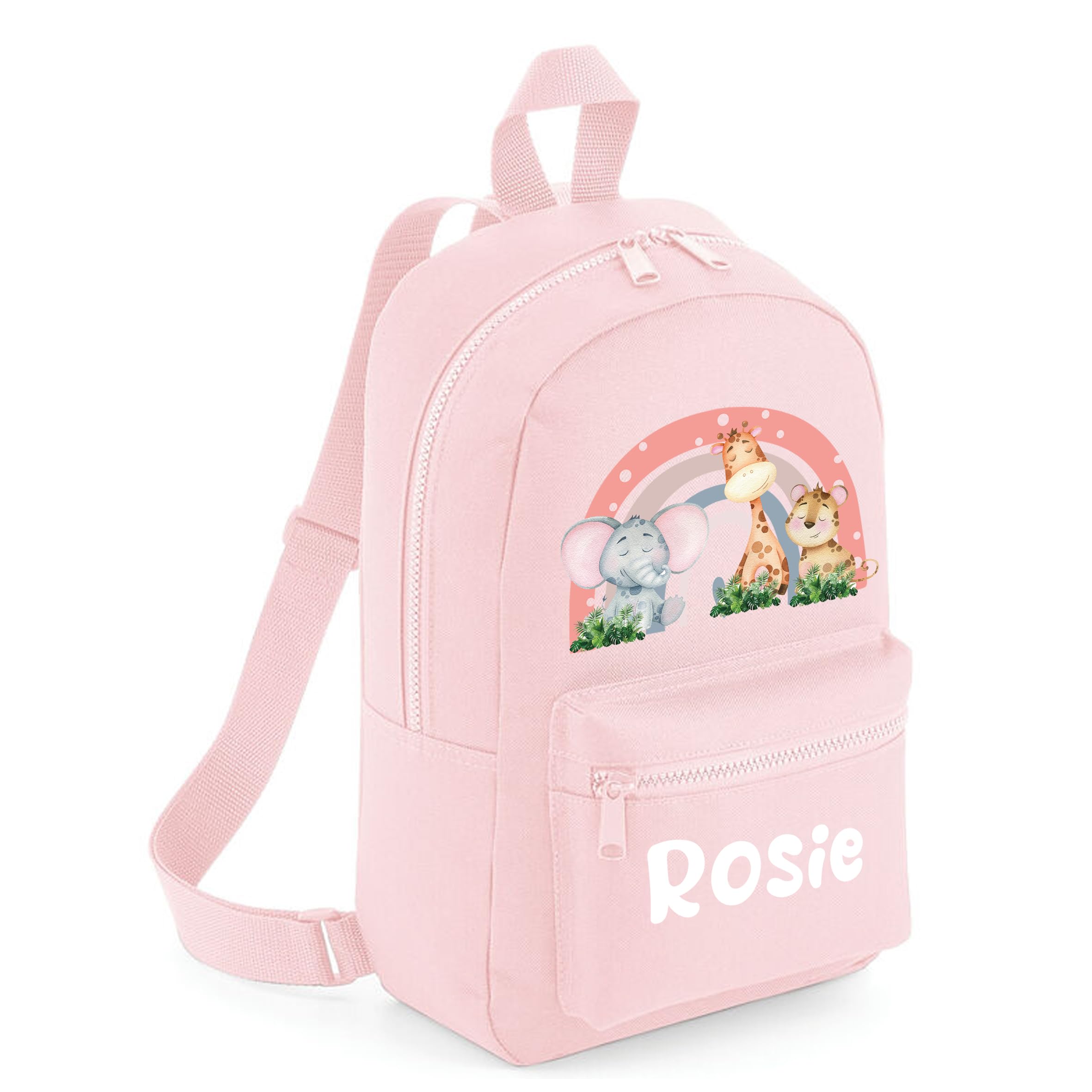 The Baby Box UK Personalised Girls Backpack Toddler Safari Rainbow Back Pack Childrens Rucksack (Powder Pink)