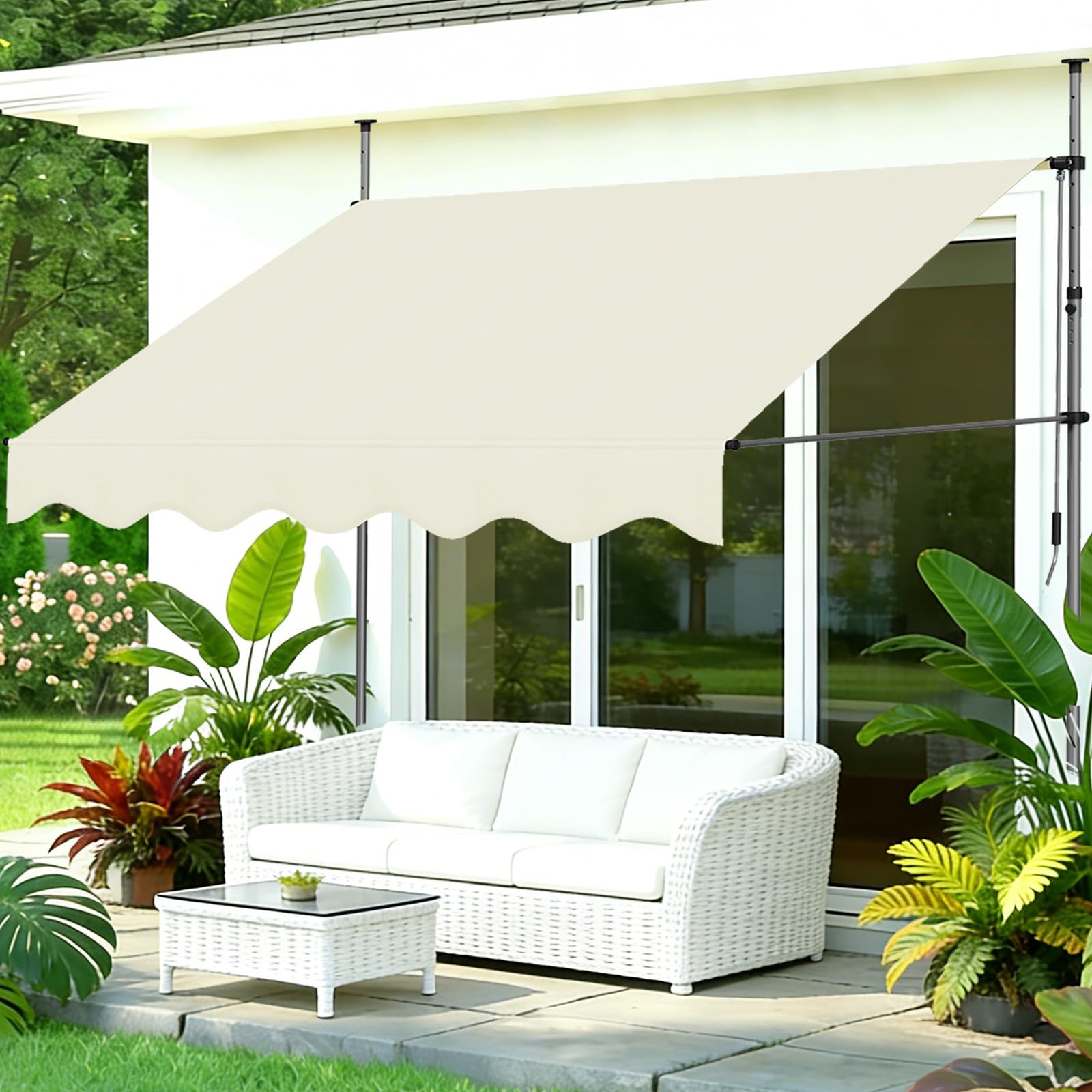 Chowany ręczny ning bez wiercenia, wodoodporna tkanina poliestrowa UV 180 g/m², regulowana wysokość i kąt, stal, 3 rozmiary i kolory (Bei, 250 x 120 cm)