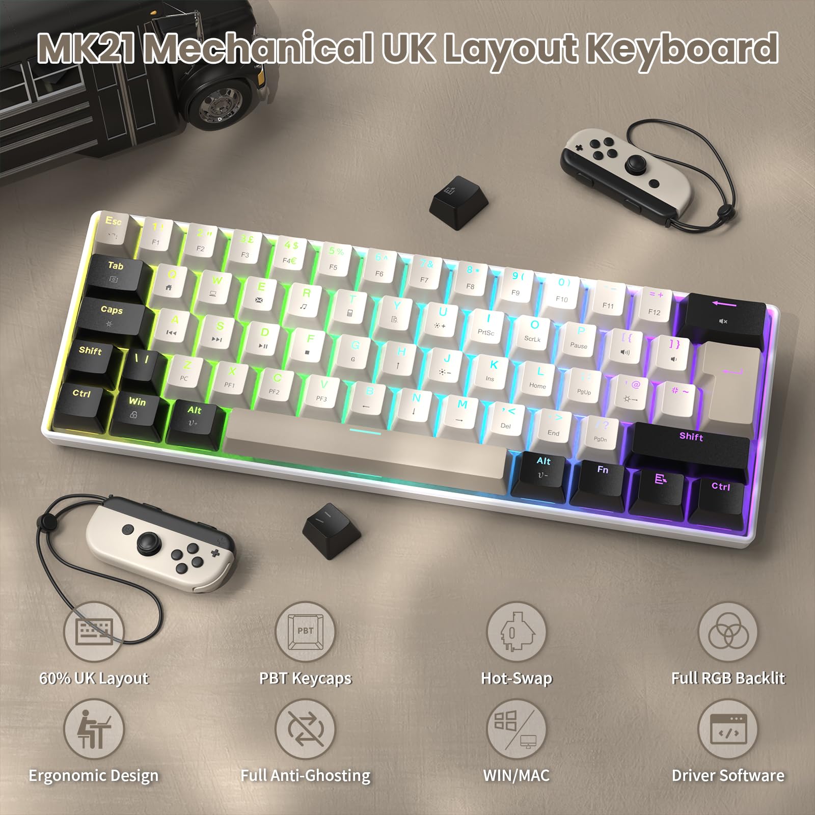 MAGIC-REFINER MK21 60% Przewodowe Mechaniczne Klawiatura Do Gier USB-C Układ UK QWERTY, Liniowe Czerwone Przełączniki, Hot Swappable, Ultra-Kompaktowe 62 Przyciski, RGB, Przycisk PBT, Starry White
