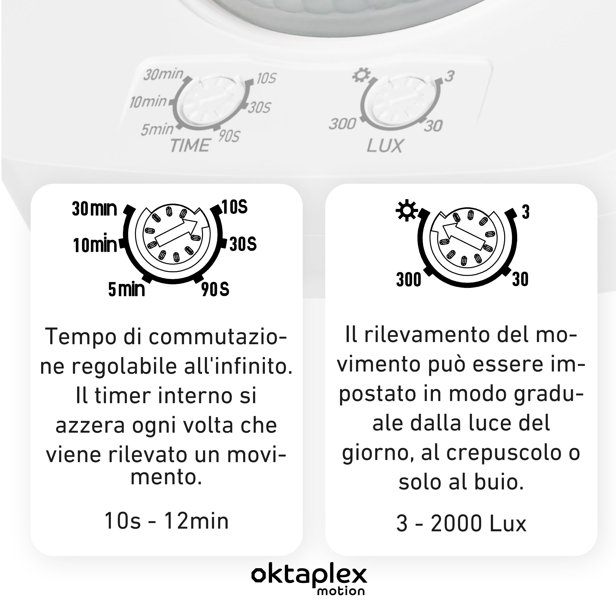 Oktaplex Tim - Rilevatore di presenza a infrarossi PIR a 360°, IP65, 230 V, da parete, bianco | Sensore a 360°, diametro di 20 m, rilevamento di 6 m, per interni ed esterni, 3-2000 lux, funzionamento in parallelo, 2