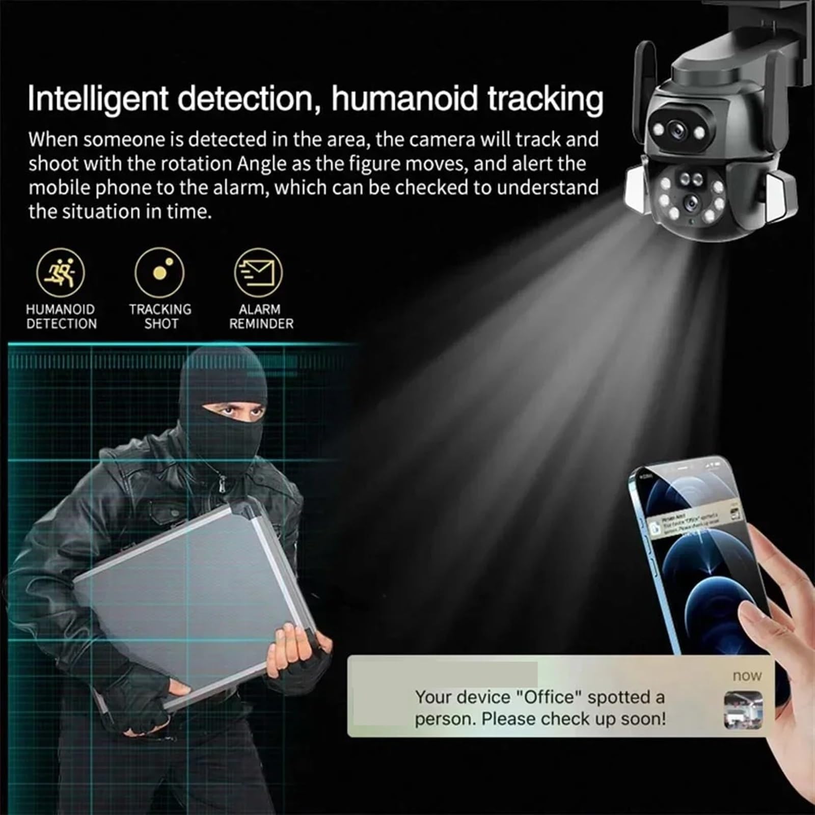 Caméra de sécurité, Caméra 4K 8MP PTZ, Double écran, binoculaire 8MM, Suivi Automatique du Corps AI, vidéosurveillance Intelligente, Surveillance étanche IP66(8MP Camera 32GB)