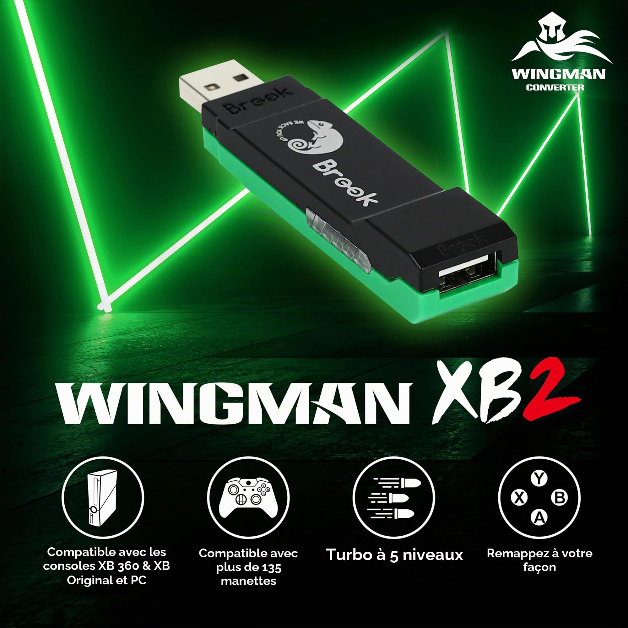 Brook Wingman XB 2 Convertisseur avec Porte-clés – Adaptateur contrôleur sans Fil pour XB 360, XB Original Consoles et PC, Prend en Charge Le reprogrammation et Le Turbo réglable [Version Exclusive]