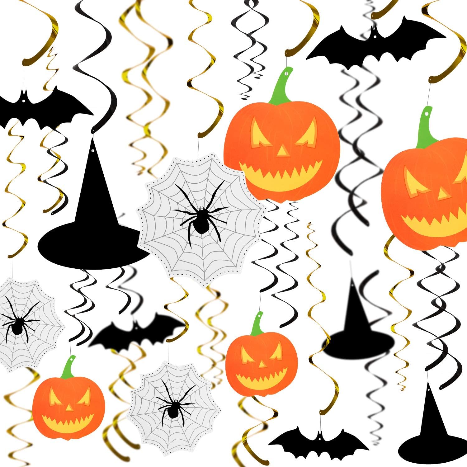 60 Pieces Halloween Party Hanging Swirl Cards Kit Scary Theme Ceiling Decorations Witches Hat Bats Spider Pumpkin Monster Swirl Hanging Cards（39 Inch