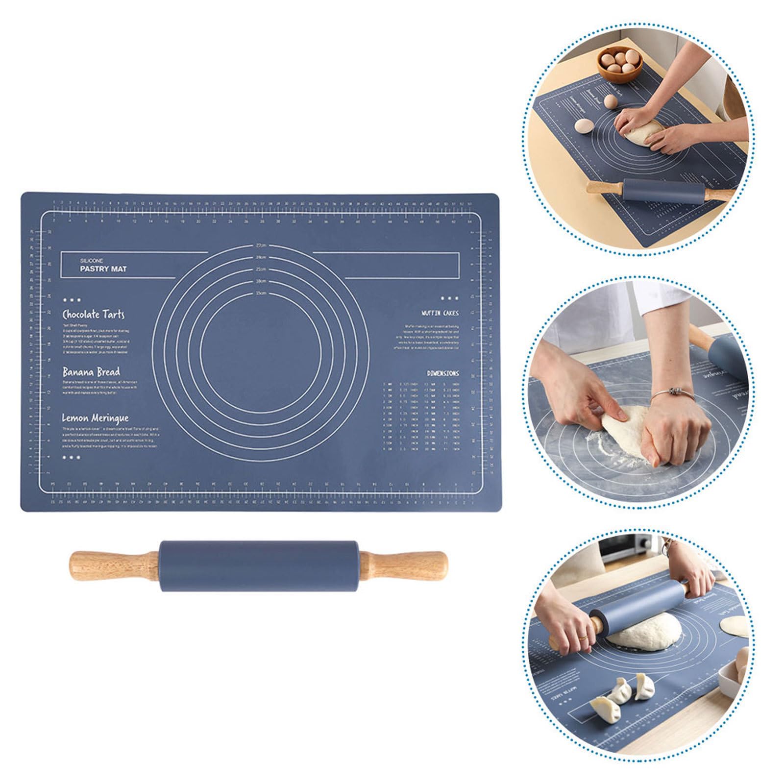 Artibetter Tapete de Silicona para Amasar Pan Antideslizante Rodillo de Madera, Estera de Masa Reutilizable para Pizza y Repostería, Superficie Lisa Azul