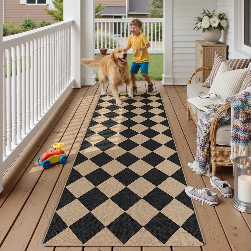 PureCozy Outdoor Teppich LäUfer Flur 60x240cm Outdoorteppich Wetterfest Balkon Flurteppich Braun Schwarz Teppiche Jute Optik Waschbarer rutschfest Carpet Terrassen Garten Esszimmer BüRo Indoor Rug