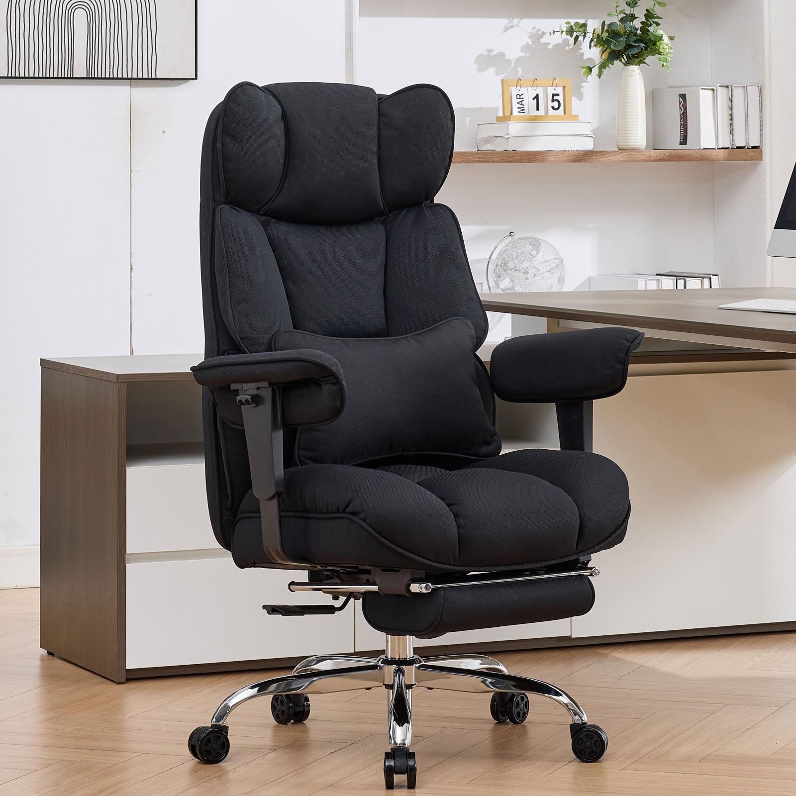 Photo 1 of Efomao Big and Tall Office Chair with Footrest - Breathable Mesh Executive Chair, Heavy Duty Computer Desk Chair for Home Office, Ergonomic Lumbar Support & Reclining Mesh Gaming Chair, Black