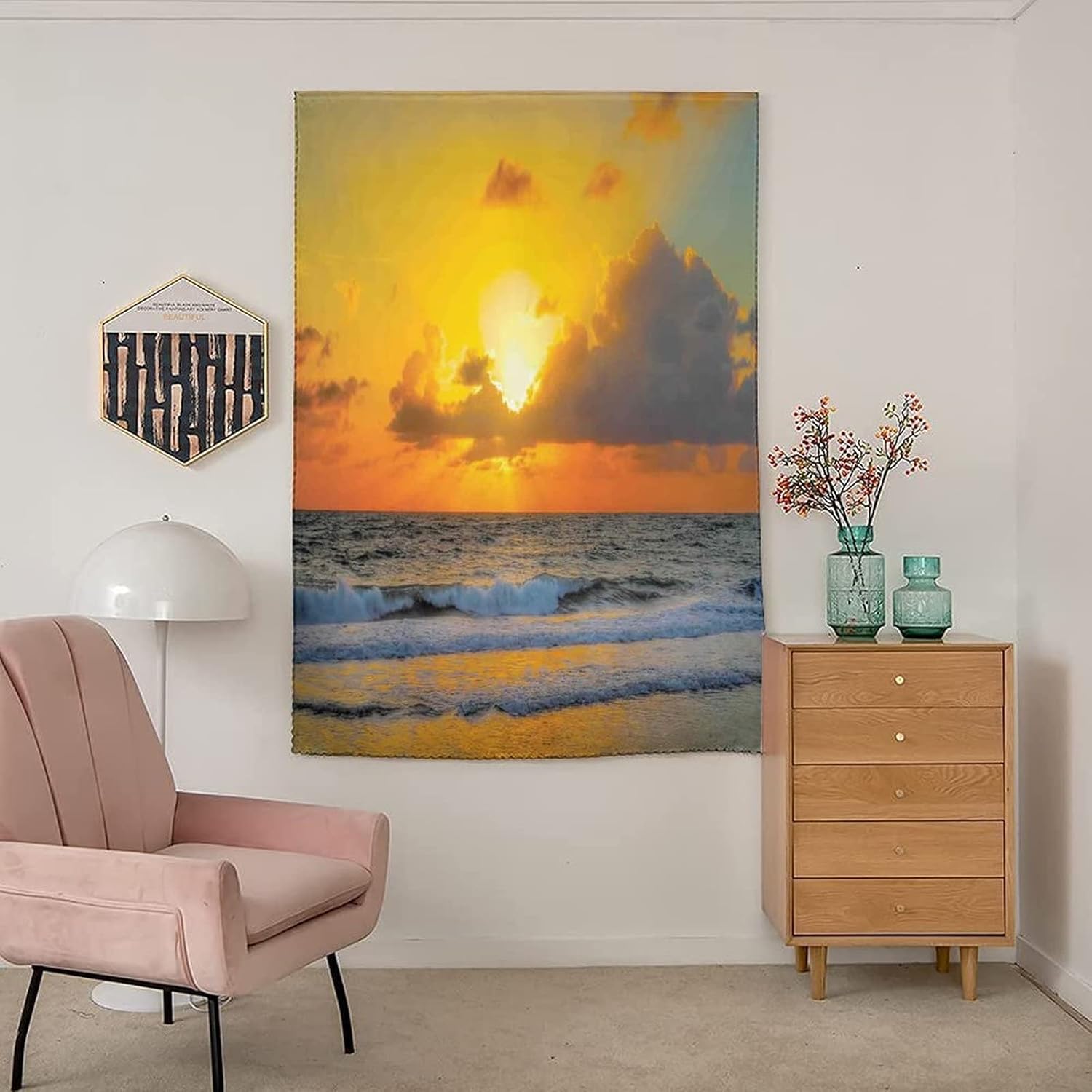 Self Adhesive Portable Blackout Curtains, Ocean Decor Room Darkening Curtains, Morning at the Beach in Brazil Sun Rays Through Clouds Print Temporary Blackout Blinds,47W x54L Inches, for Kids Bedroom