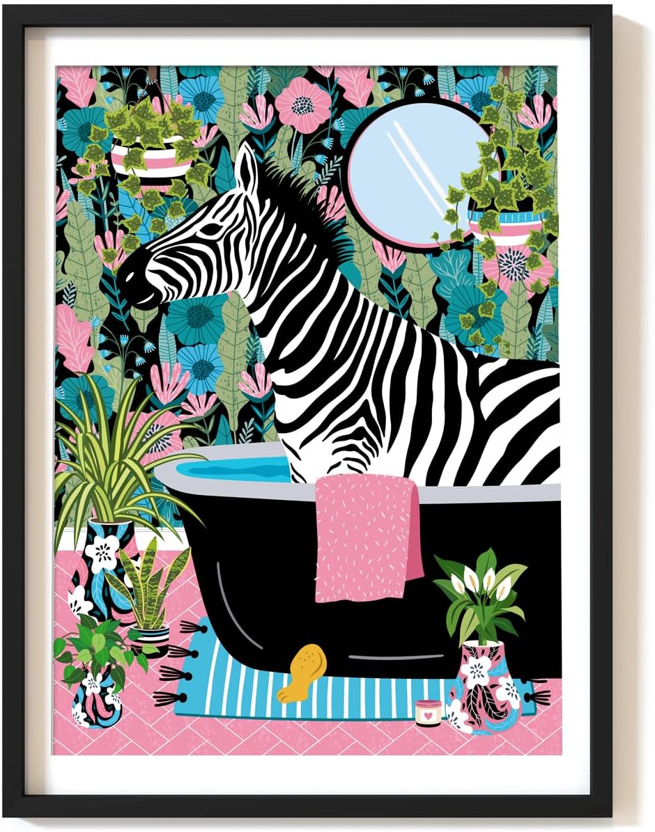Zebra Bathroom Print, A4 UNFRAMED Animal on Toilet Print, Pink Botanical Tropical Bathroom Decor