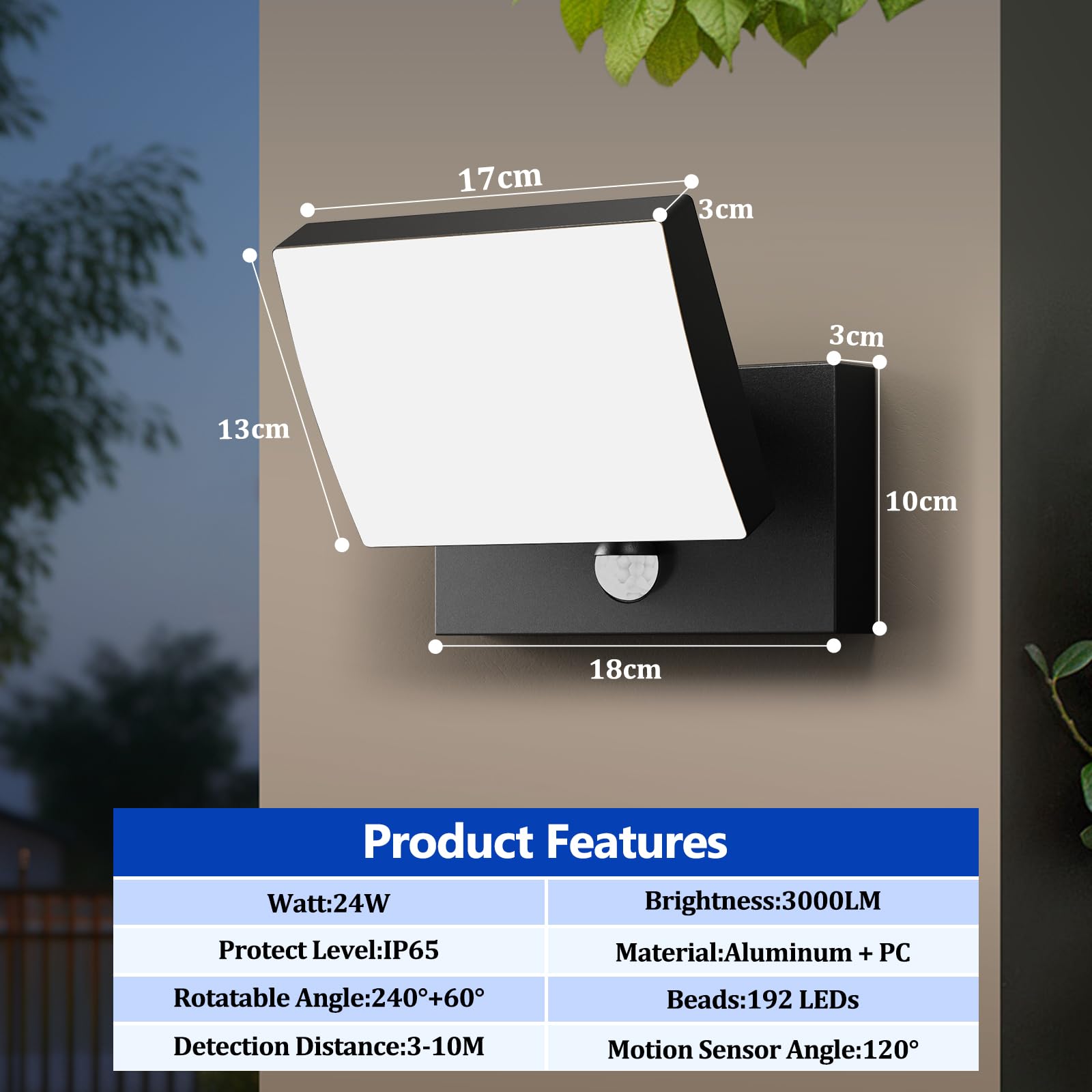 Lampada Da Esterno Con Sensore Di Movimento 24W LED - Orientabile 240°, IP65, 3 Temperature Colore (3000K/4000K/6000K) - Alluminio Nero