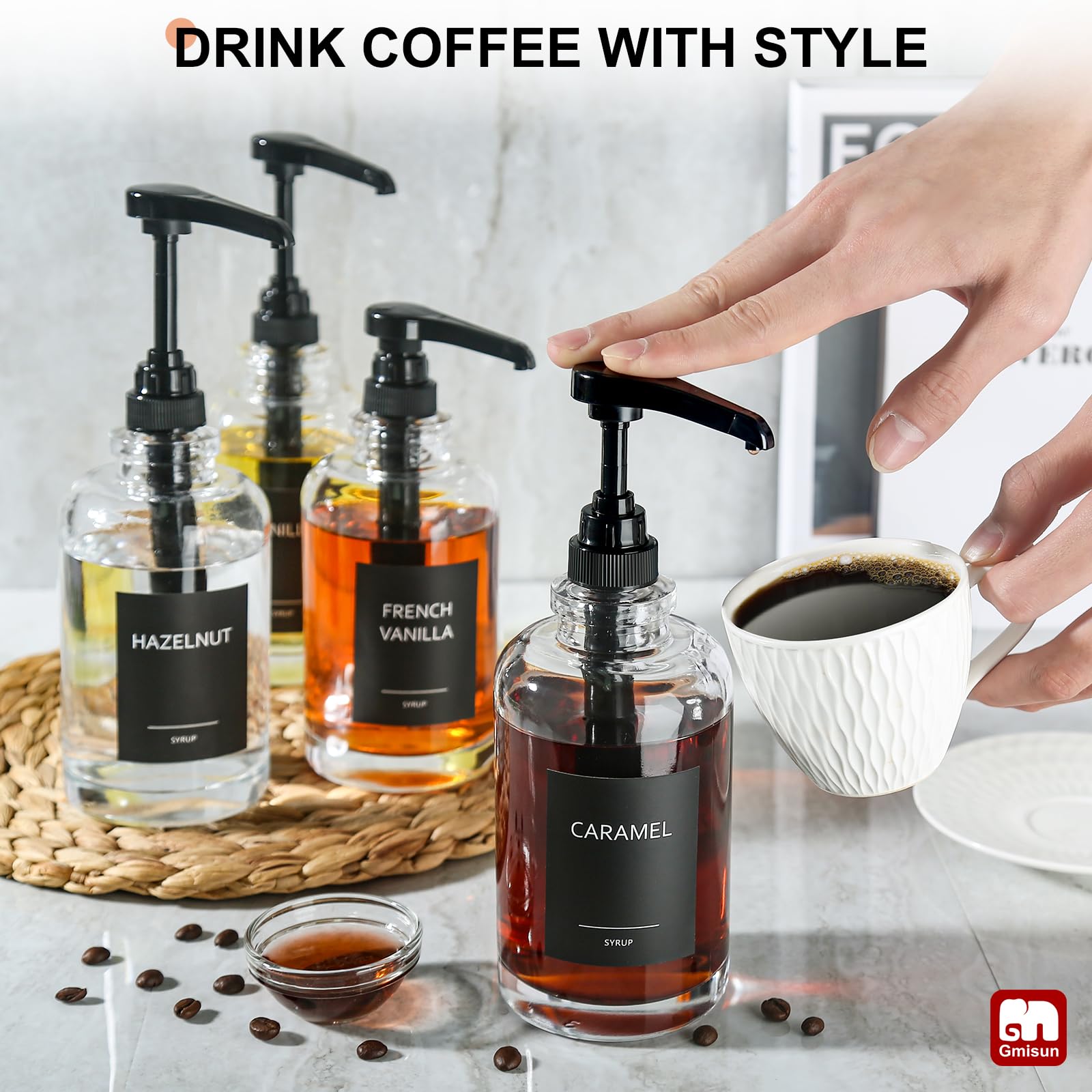 Dispensador de jarabe de café para barra de café, dispensador de jarabe de vidrio con bomba de gran capacidad de 1/4 onzas, botella dispensadora de jarabe de café para estación de café,