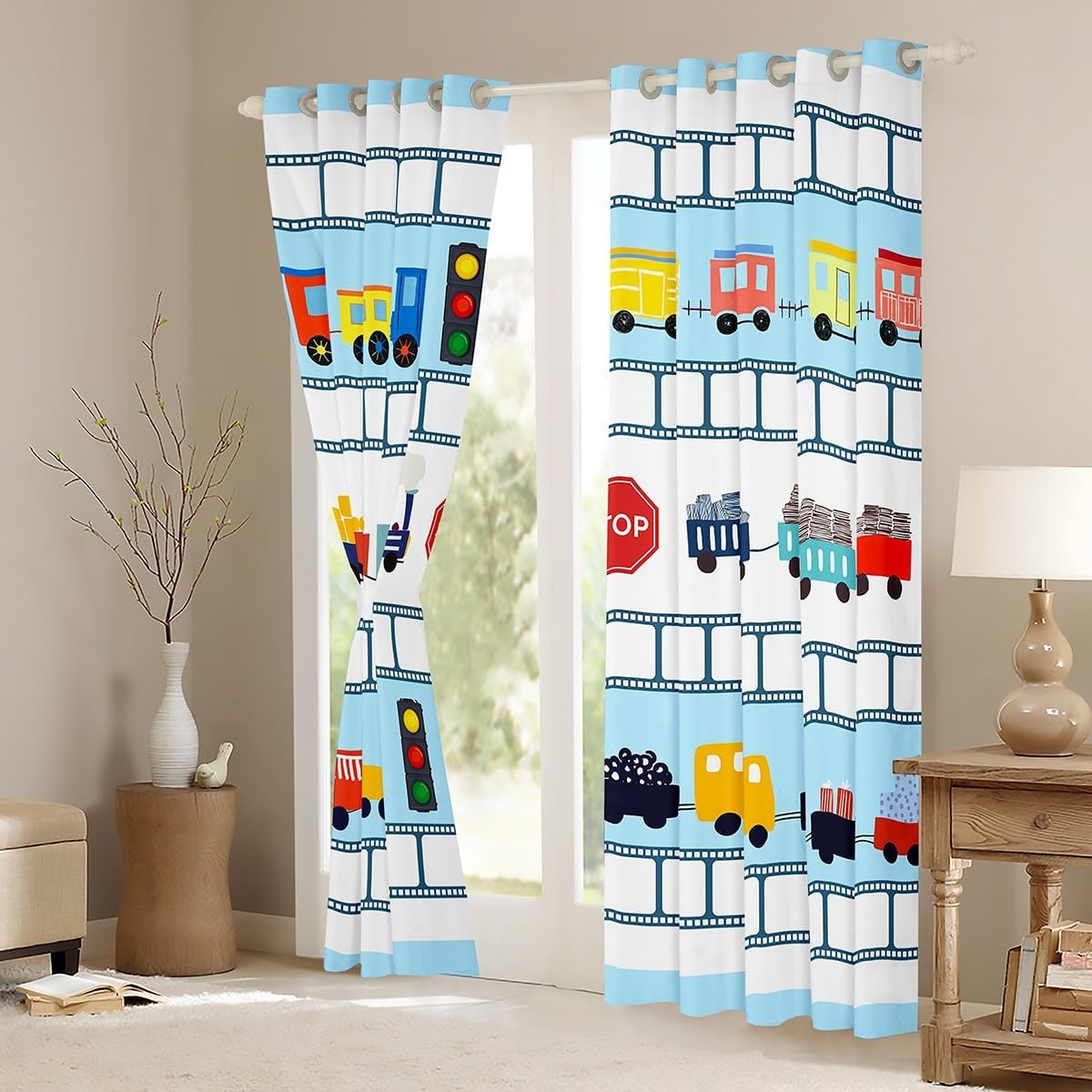 Cartoon Trains Kids Blackout Curtains,Transport Vehicles Toddler Cute Window Drapes for Boys Girls Adults,Cartoon Cars Choochoo Blue Fashion Window Treatments Grommet Top 2 Panel Set,42Wx63L inch