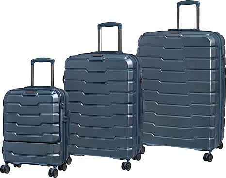 review it luggage Prosperous 3 Piece Hardside Checked 8 Wheel Expandable Spinner Set, Metallic Blue, 3 Pc