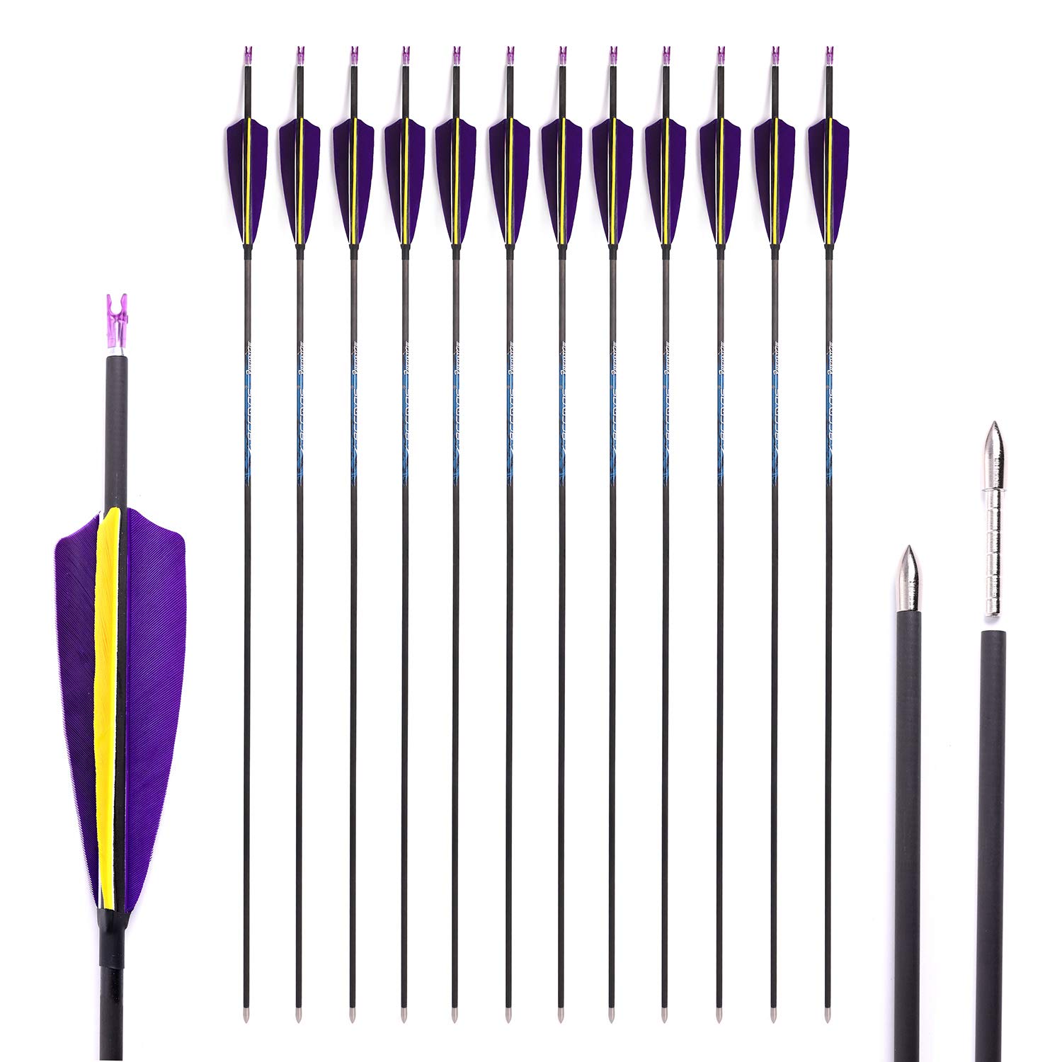 ACCMOS 12 Pezzi Caccia Freccia di Carbonio ID 4,2 mm Spine 300 350 400 500 600 700 800 900 1000 con 4 "Piuma di Tacchino per Tiro con L'Arco Tiro Accessori per Arco