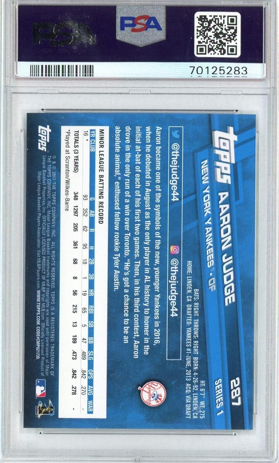 Graded 2017 Topps Aaron Judge #287 Catching Rookie RC Baseball Card PSA 10 Gem Mint