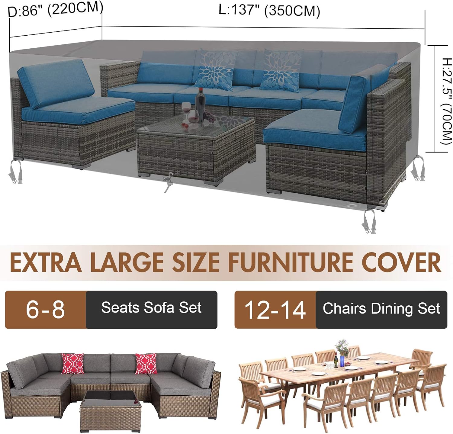 HIRALIY 137 Inch Patio Furniture Cover, Extra Large Waterproof Patio Cover, Outdoor Rectangular Cover for Furniture Set, Table, Sectional Sofa Set, Sun Resistant Durable Non-Fading 137" x 86" x 27.5" : Patio, Lawn & Garden