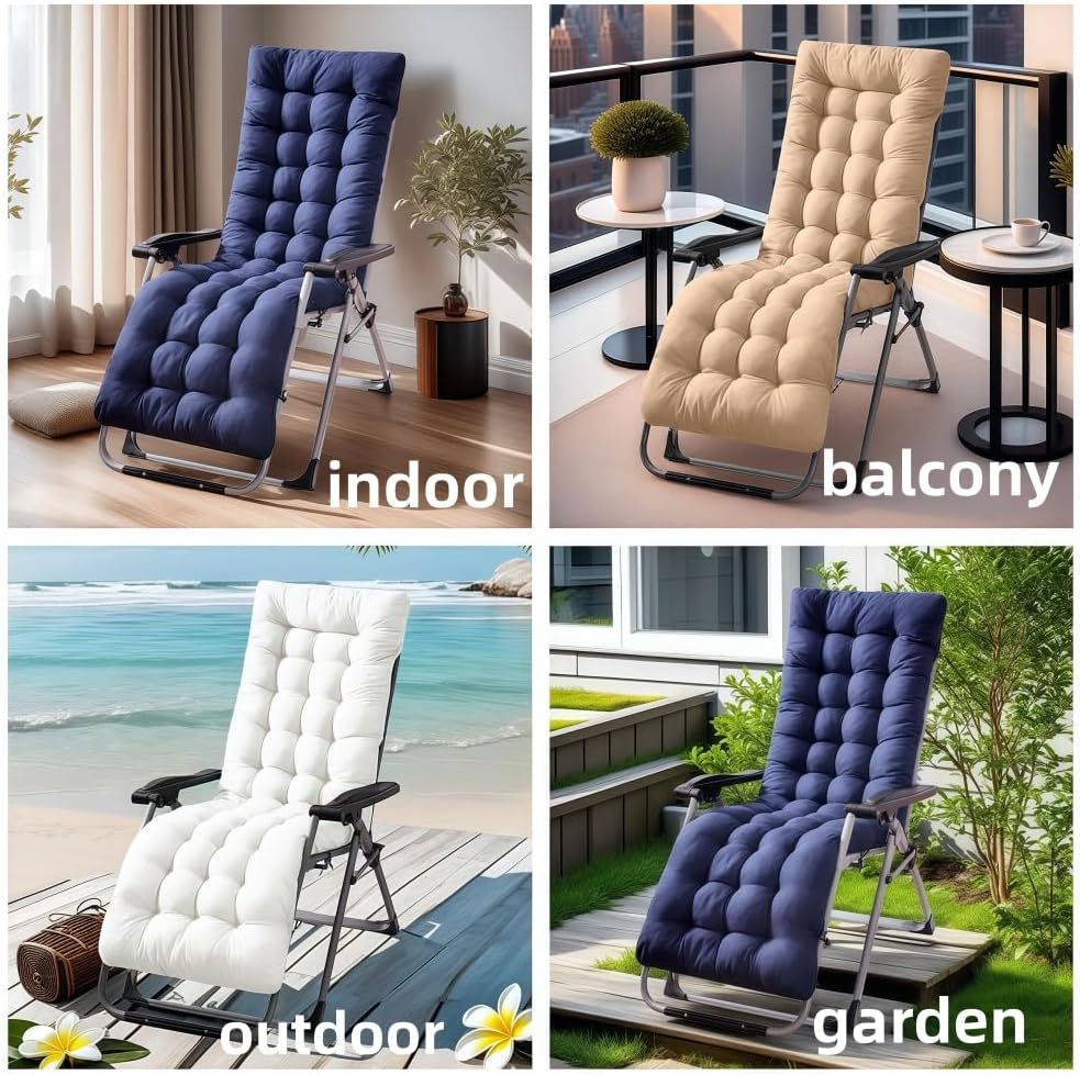 Patio Chaise Lounger Cushion， IndoorOutdoor Rocking Chair Sofa Cushion with 6 Ties， Thick Padded Swing Bench Cushion，61x18.9x3.1in (Navy Blue)