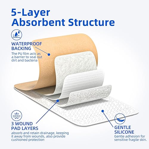 Miniatura 12 de Apósito de espuma de silicona de 4 x 4 pulgadas, vendajes de silicona impermeables con adhesivo de borde, vendajes de alta absorción, vendajes