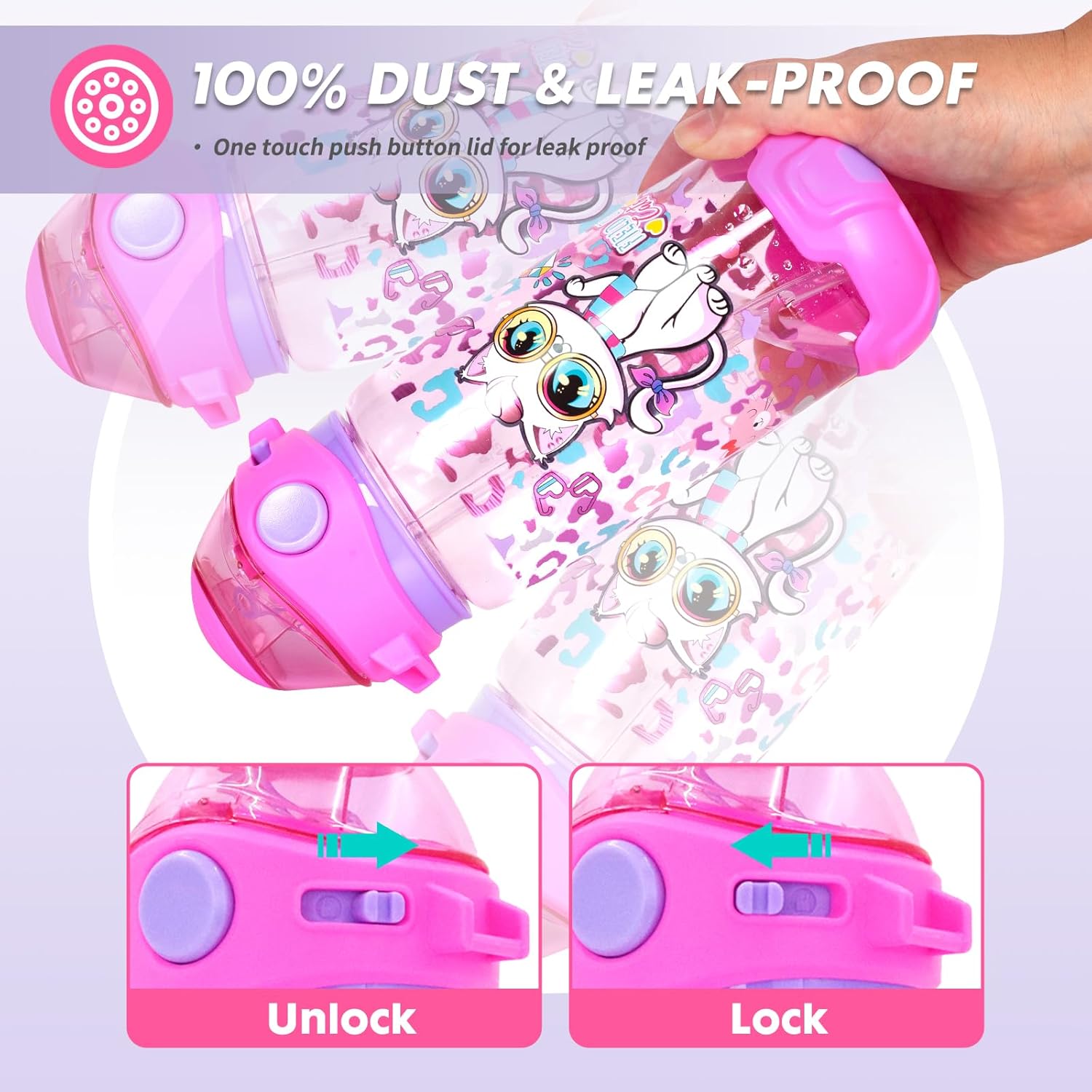 Kids Water Bottle with Straw/Lanyard for School Kids Girls Boys, 22oz BPA Free Child Drinking Water Bottle One-Click-Open Leak-Proof Locking Flip Lid for School Sport Travel - Image 4