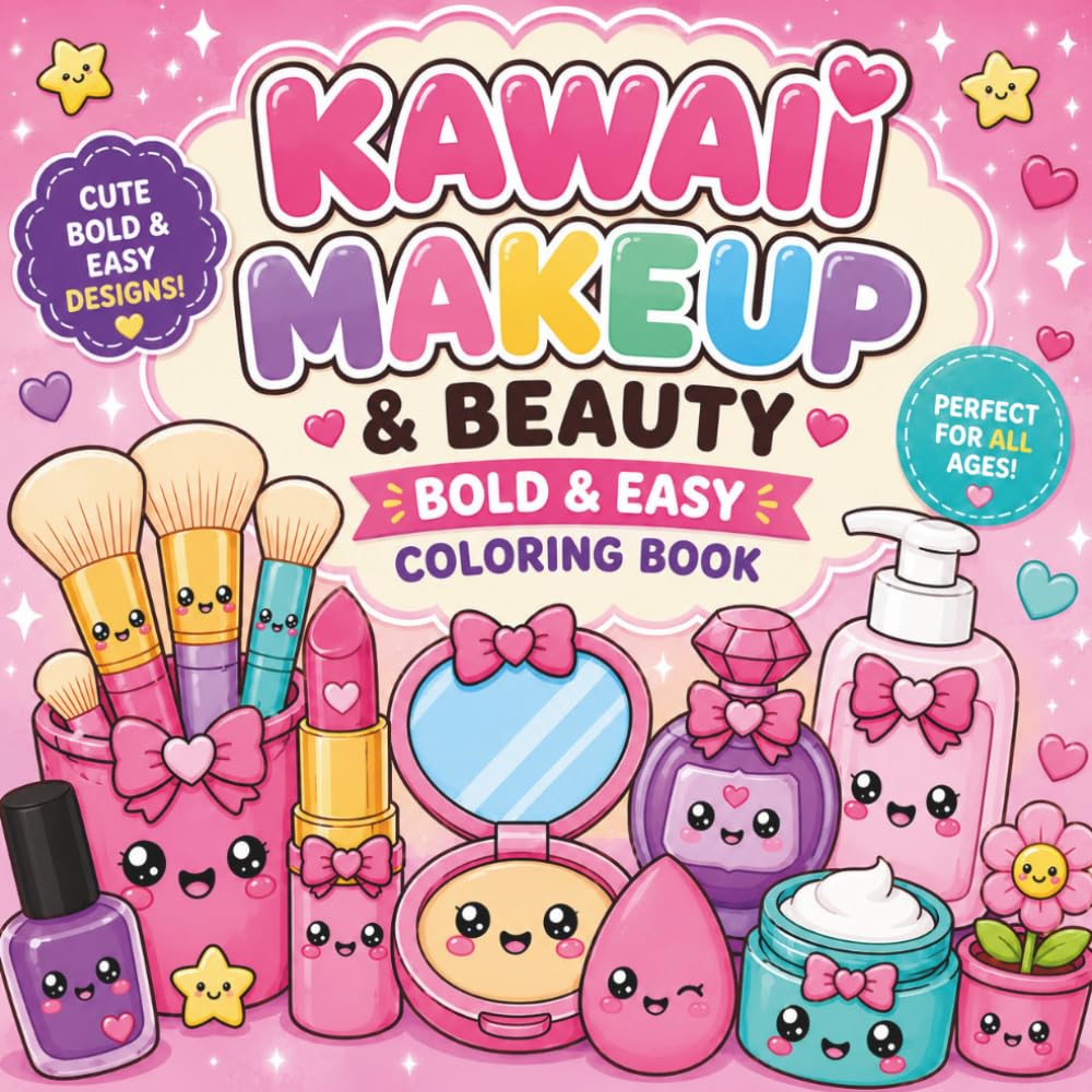 Kawaii Makeup & Beauty: Bold & Easy Coloring Book: Step into an adorable world filled with smiling makeup friends, cute beauty goodies, and magical self-care fun!