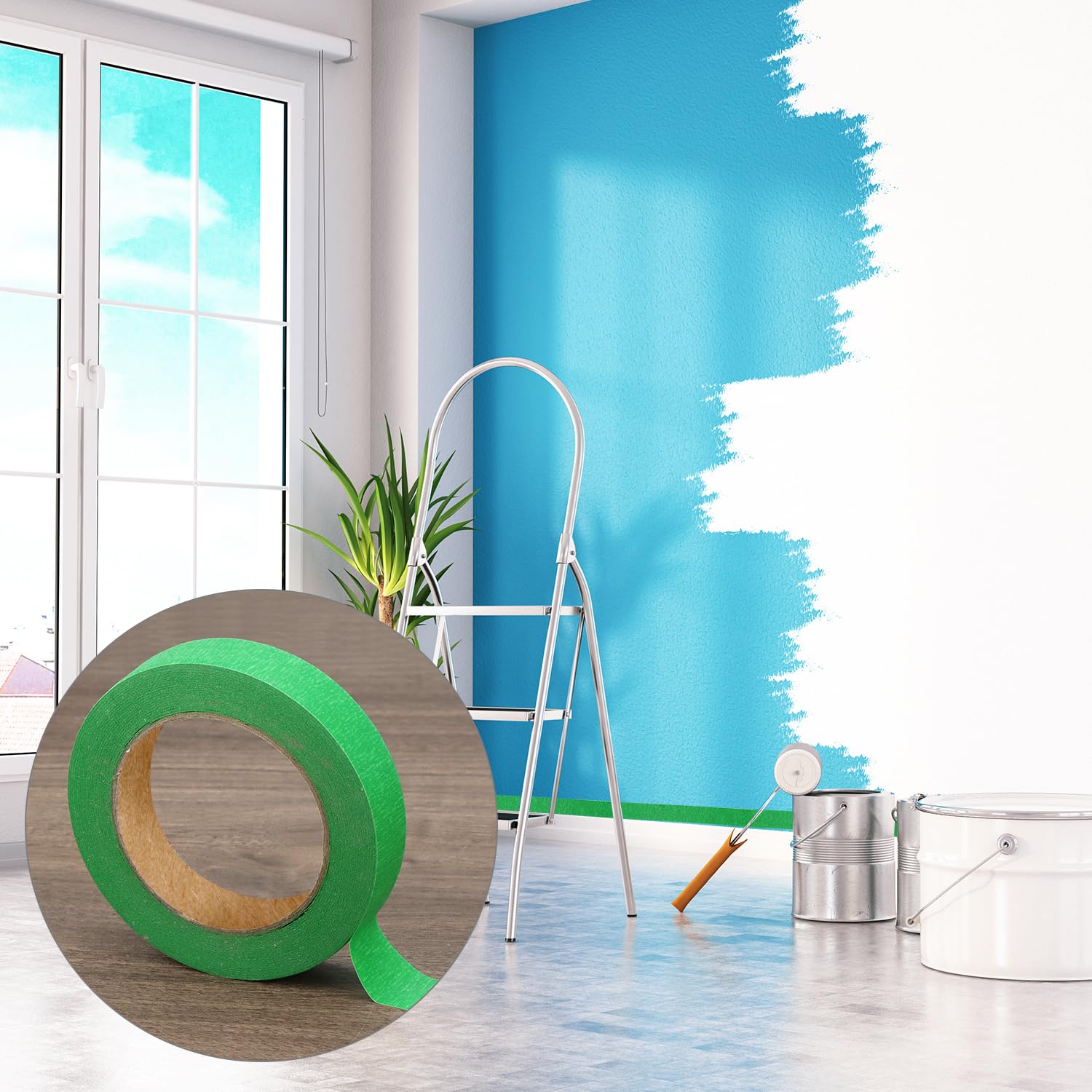 QWORK® 3 Pack 24mm x 50m Green Masking Tape for Painting Residue-Free Painters Tape for Edge Treatment Color Separation Crafts - Image 3