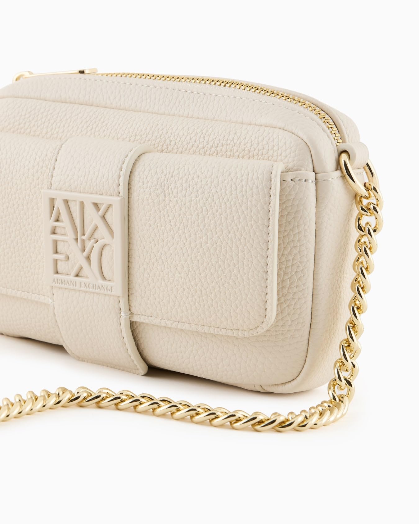 Armani Exchange Susy, Essential, Sustaible, Soft, Chain Shoulder Strap, Borsa Messenger Donna, Bianco Sporco