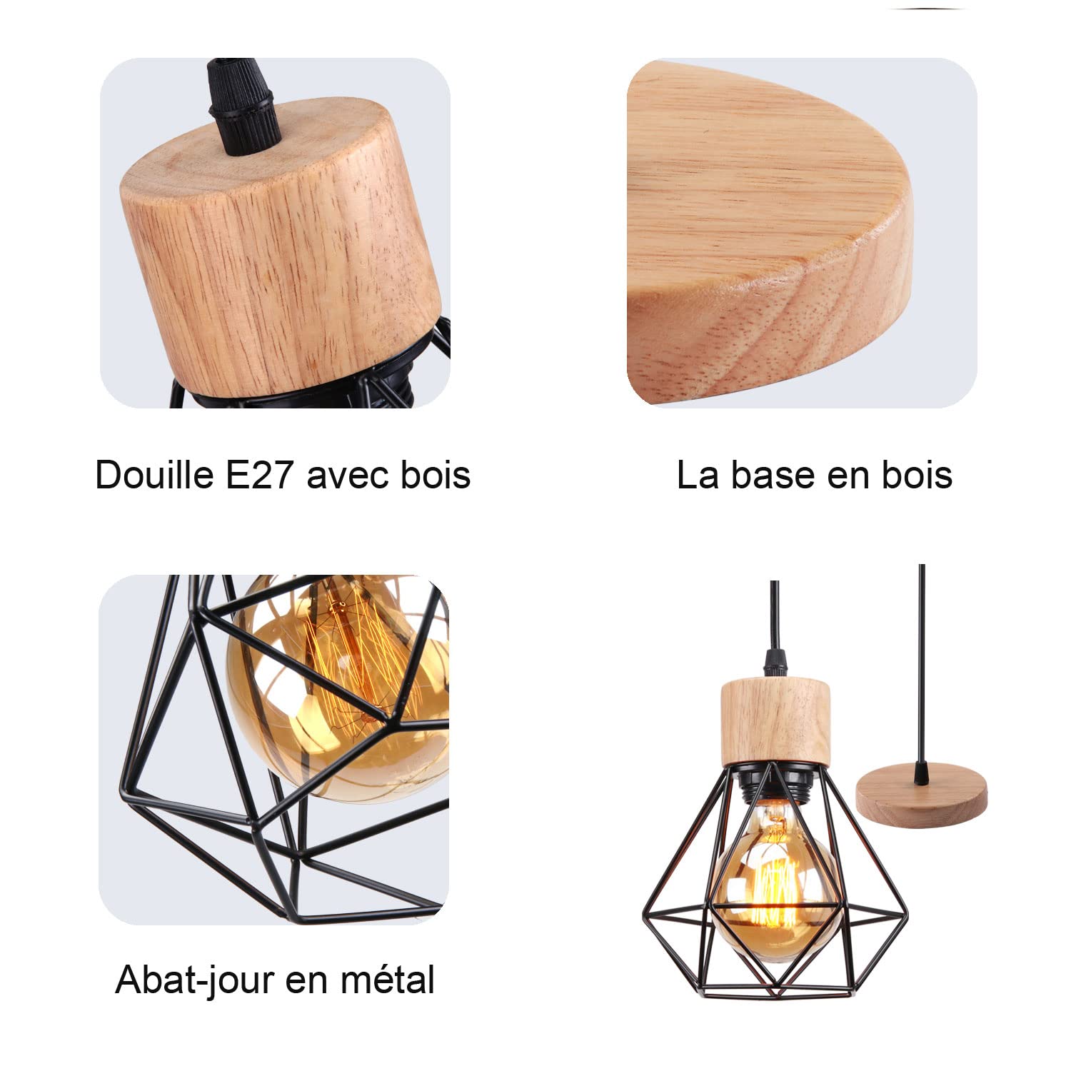 Suspension Luminaire Vintage Industrielle Lustre Abat-jour en Métal et Bois Ø160mm Plafonnier E27 avec Bois Rétro Pour Salon Cuisine Chambre (1pcs)