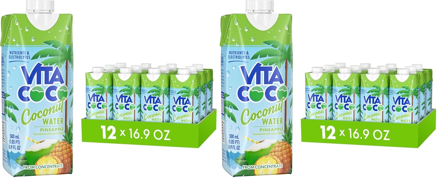 Vita Coco Coconut Water Naturally Hydrating Electrolyte Drink Smart Alternative to Coffee Soda and Sports Drinks Gluten Free, Pineapple, 16.9 Fl Oz (Pack of 24), 202.8 Fl Oz
