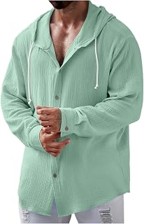 Men's Cotton Linen Button Down Hoodie Beach Vacation Casual Shirt