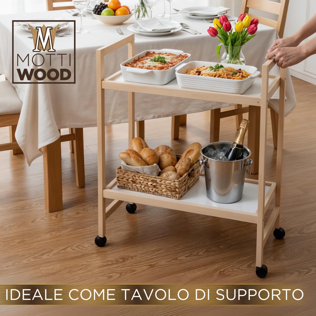 Carrello Multiuso, 2 Ripiani, 100% Legno Faggio, 34x60x83h cm, Con Rotelle, Made in Italy