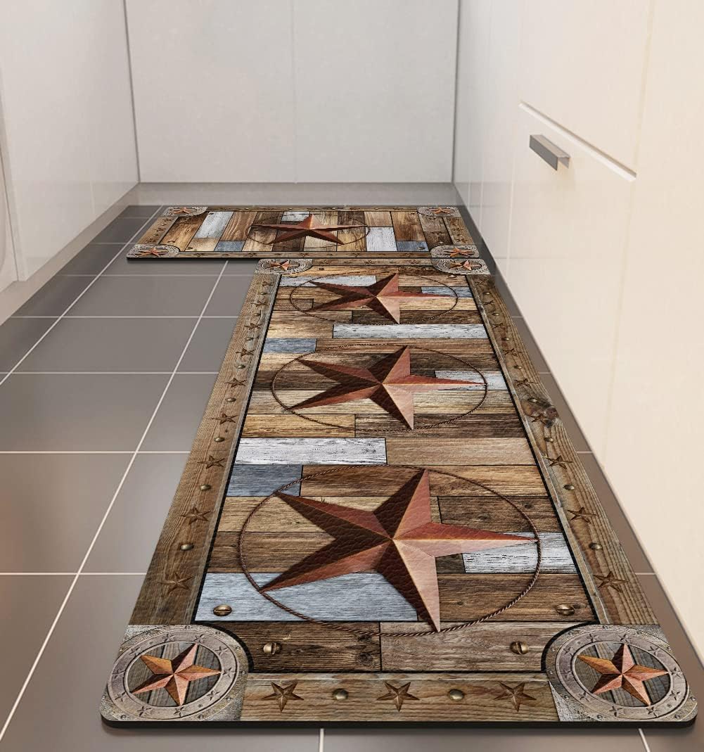 AILUER Farmhouse Wood Kitchen Rugs Mats Set of 2 Rustic Texas Star Anti-Fatigue Cushioned Kitchen Floor Mat Non-Slip Backing Washable Kitchen Rugs Set Office Laundry, 17inchx29.5inch+17inchx47inch