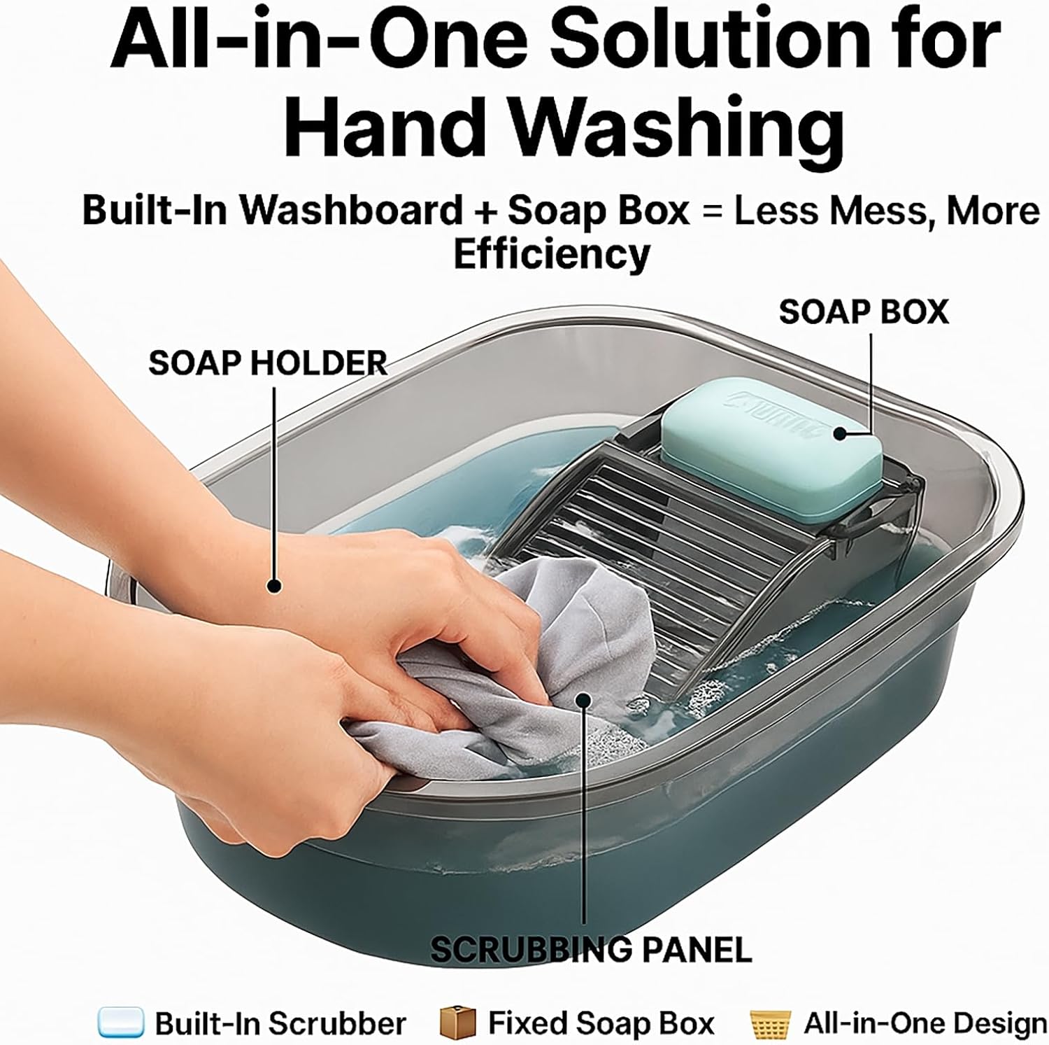 Portable Washboard Basin for Hand Washing Clothes, All-in-One Laundry Basin with Built-in Washboard, Lightweight Hanging Wash Basin for Home, RV, Camping, Travel, Emergency Use