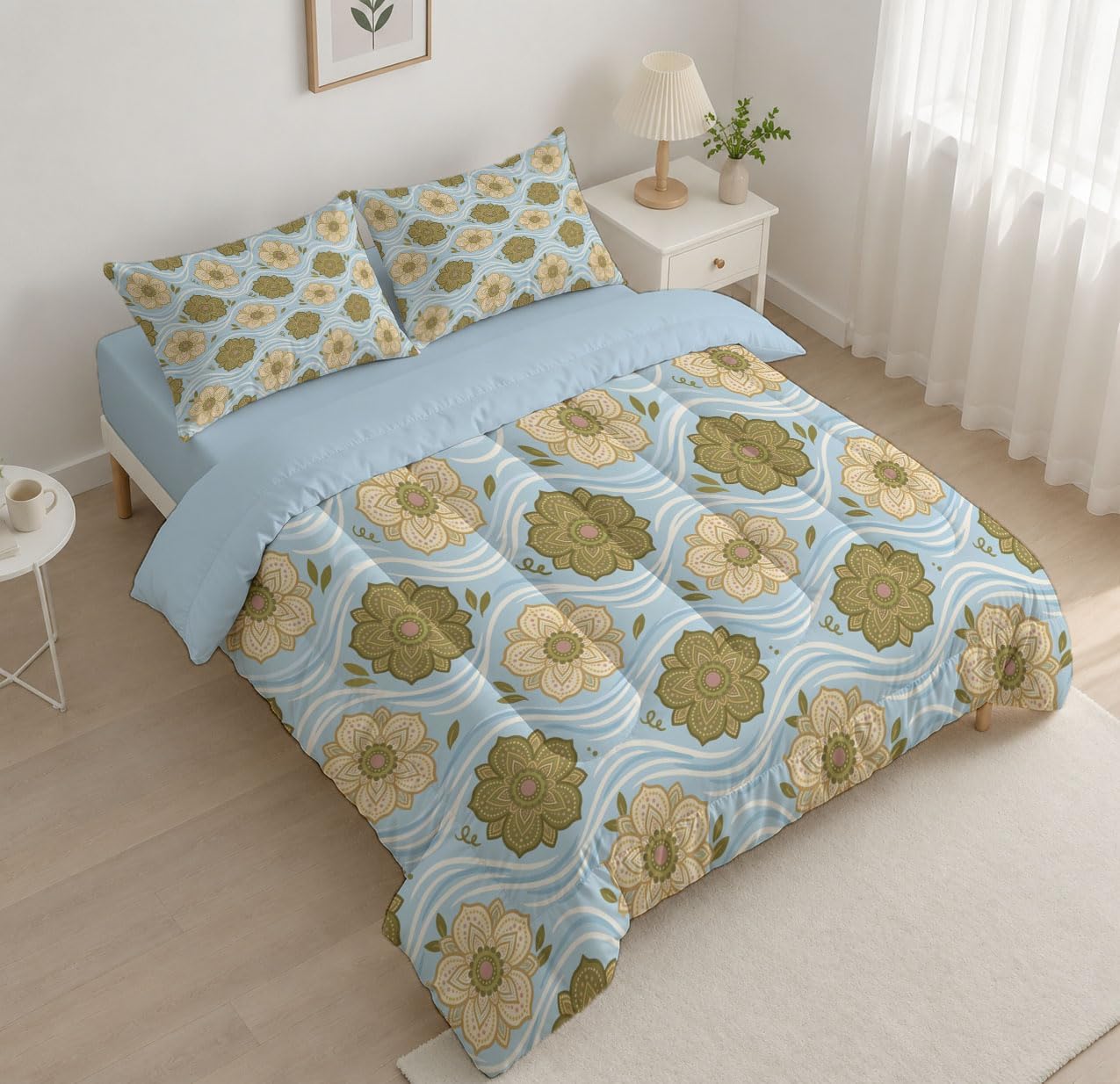 Retro Geometric Quilt Set Twin 3 Pieces, Blue Quilts Bedding Set Simple Floral Pattern Bedspread Bed Cover Lightweight Spring Summer Beds Coverlet for All Season - 68"X90"