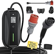 dé Wallbox 11 kW [Three-phase| 5.5 m| 6-16 A] Type 2 Electric Car Charging Cable with Adjustable Charging Power, Mobile Electric Car Charging Station Compatible with Model Y, 500e and Other EV/PHEV