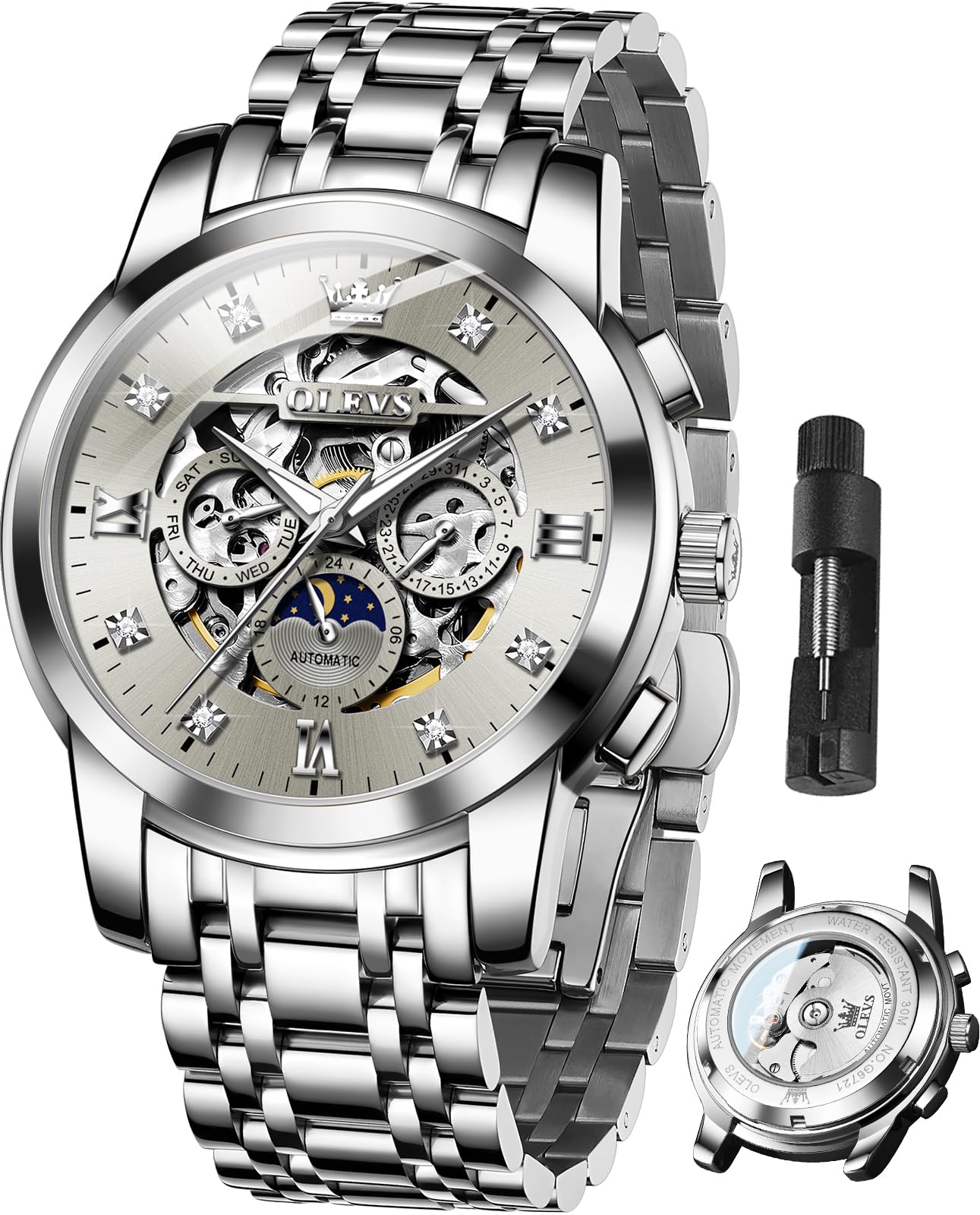 OLEVSMens Luxury Skeleton Automatic Watch Diamond Stainless Steel Mechanical Timepiece Gifts Luminous Waterproof, G6721: Silver band & Gray dial