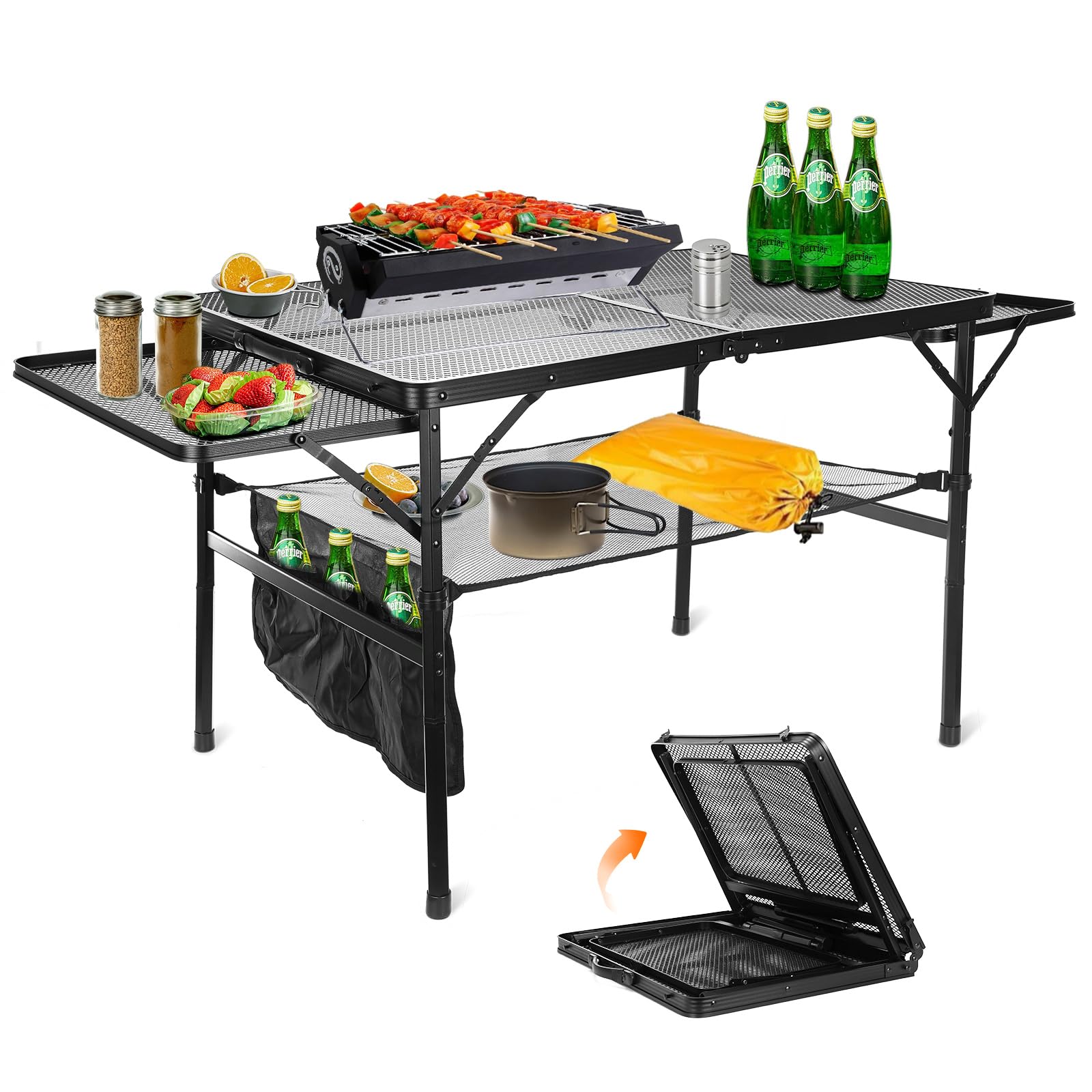 MYSWEETY Folding Grill Table, 4.4 Ft Portable Camping Table with 2 Wing Panels, Height Adjustable Metal Table with Mesh Desktop and Mesh Bag, Outdoor Table for Camping, Picnic, Outside, BBQ