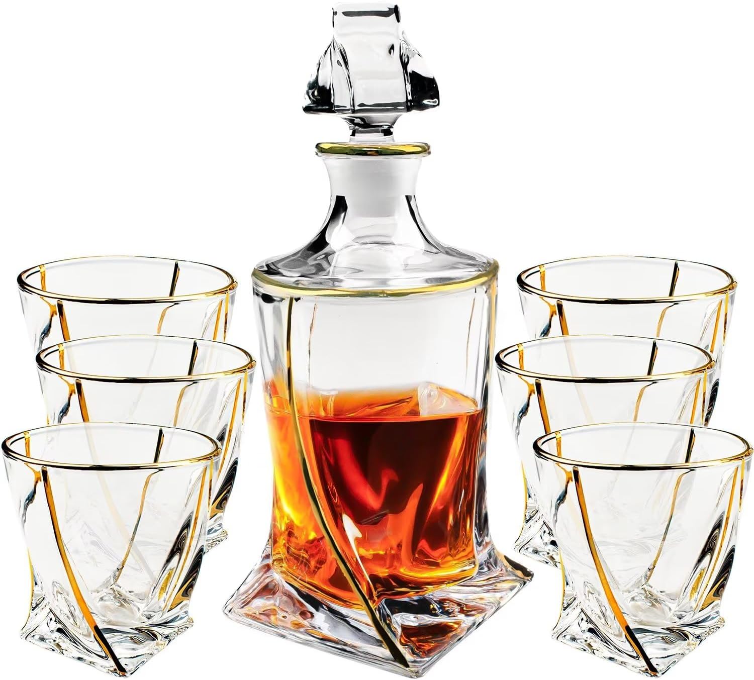 7Piece Crystal Whiskey Decanter and Glass Set, Twisted