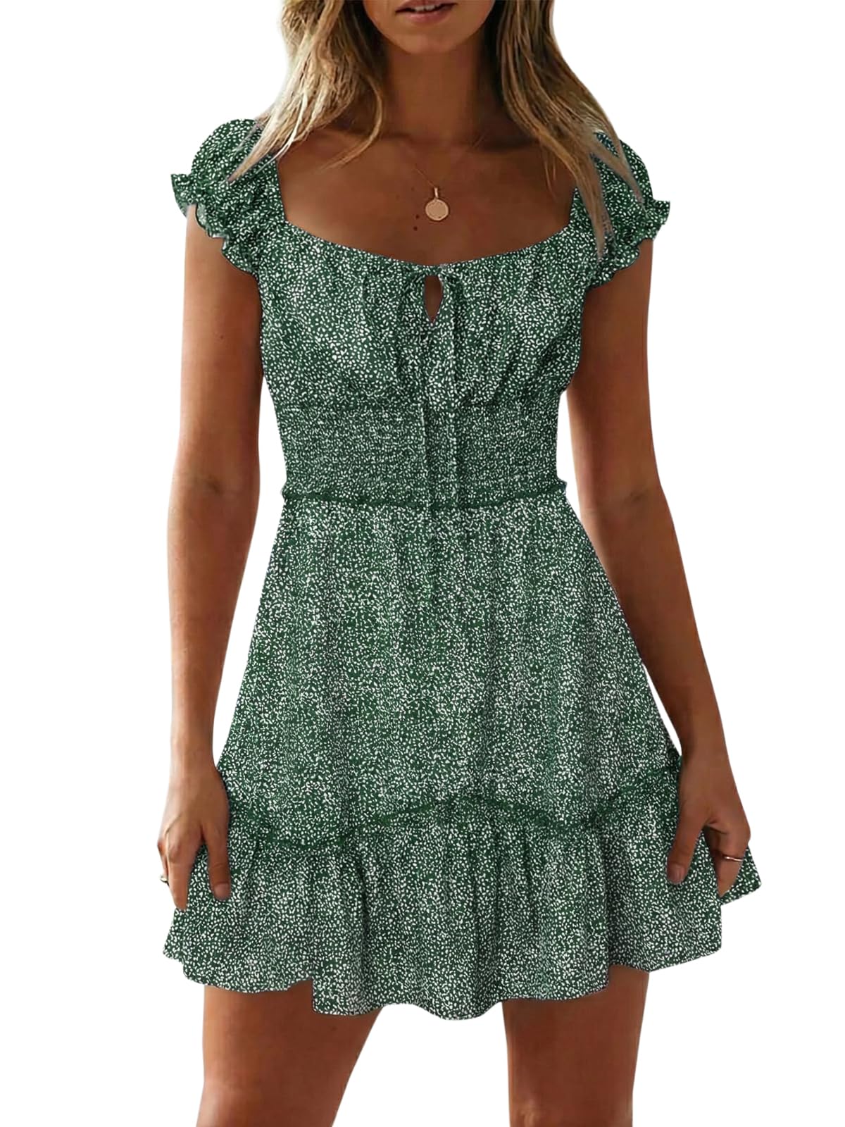 Valphsio Womens Smocked Dress Ruffle Floral Tie Front Boho Short Dresses Large A-bluish Gray