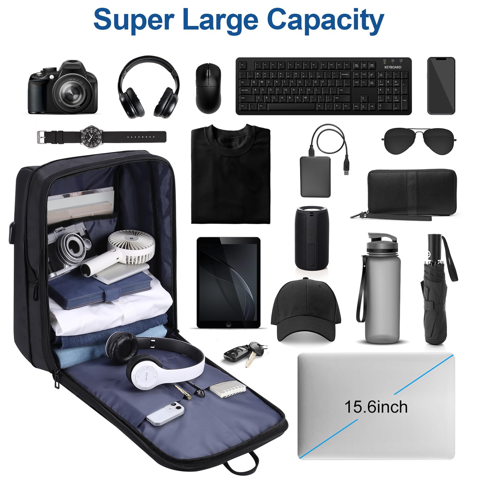 HOMIEE Mochila Antirrobo para Portatil Impermeable Mochila de Viaje de Negocios Expandible Mochila de Trabajo Mochila para Laptop 15,6 Pulgadas Bolsa de Viaje con Carga USB