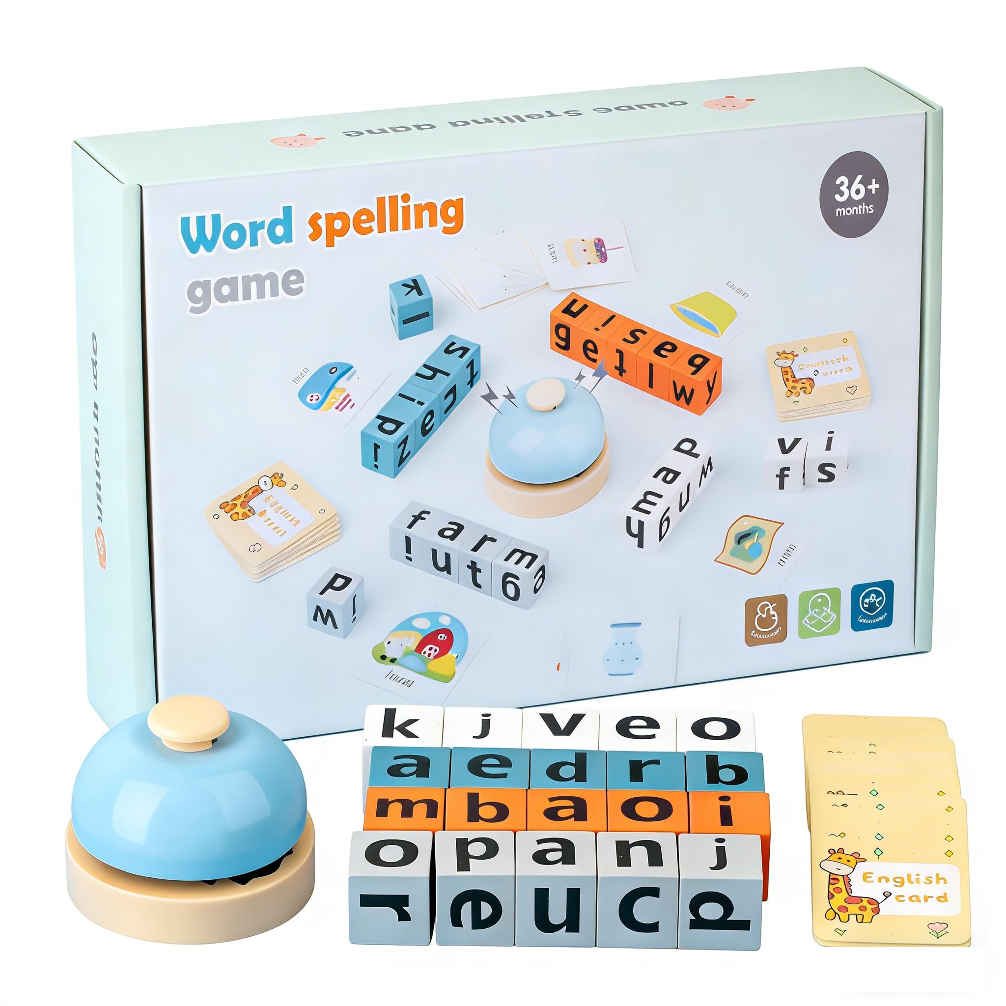 Word Spelling Game, Alphabet Phonics Games with 64 Flashcards & 20 Alphabet Blocks & A Bell, Interactive Learning Educational Toys for 3-5 Year Olds, Gifts for Early Learning, Preschool, Classroom