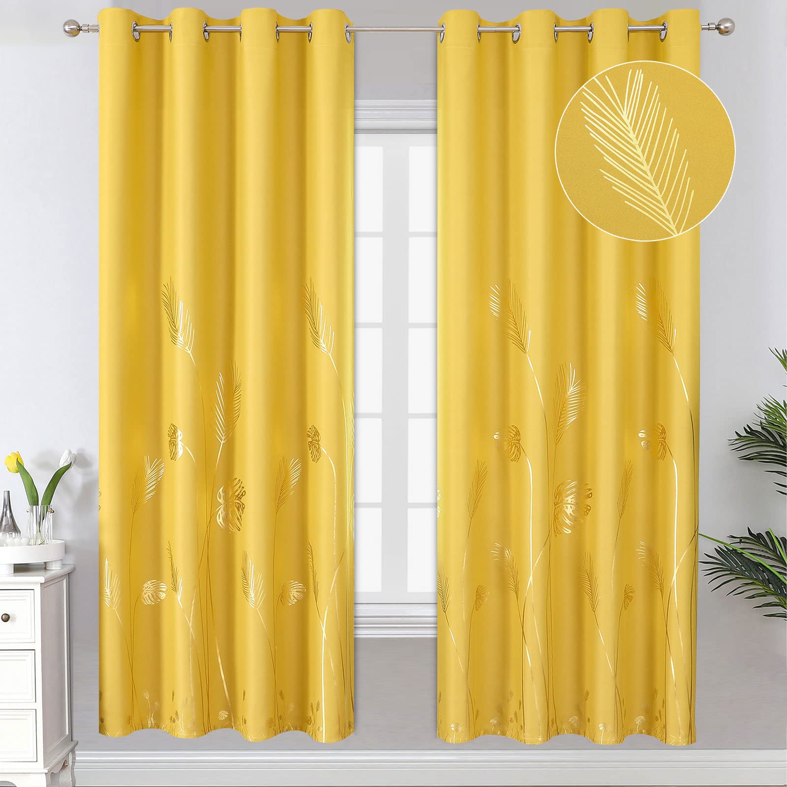 Estelar Textiler Yellow Blackout Curtains for Bedroom, Room Darkening Gold Palm Tree Pattern Curtains 72 Inches Long, Light Blocking Thermal Insulated