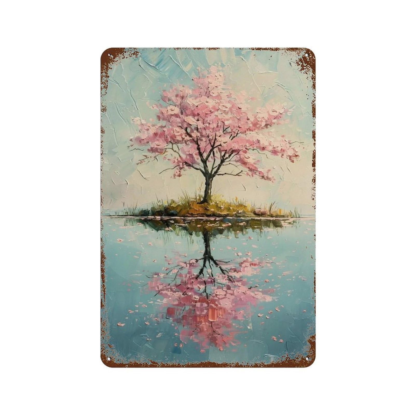 HDURYEYRYY Impasto Sakura Island Mirror Lake 03 Wall Retro Iron Vintage Art Metal Tin Sign Poster Modern Home Cofffee Club Art Bar Shop Decor Style 30x20cm
