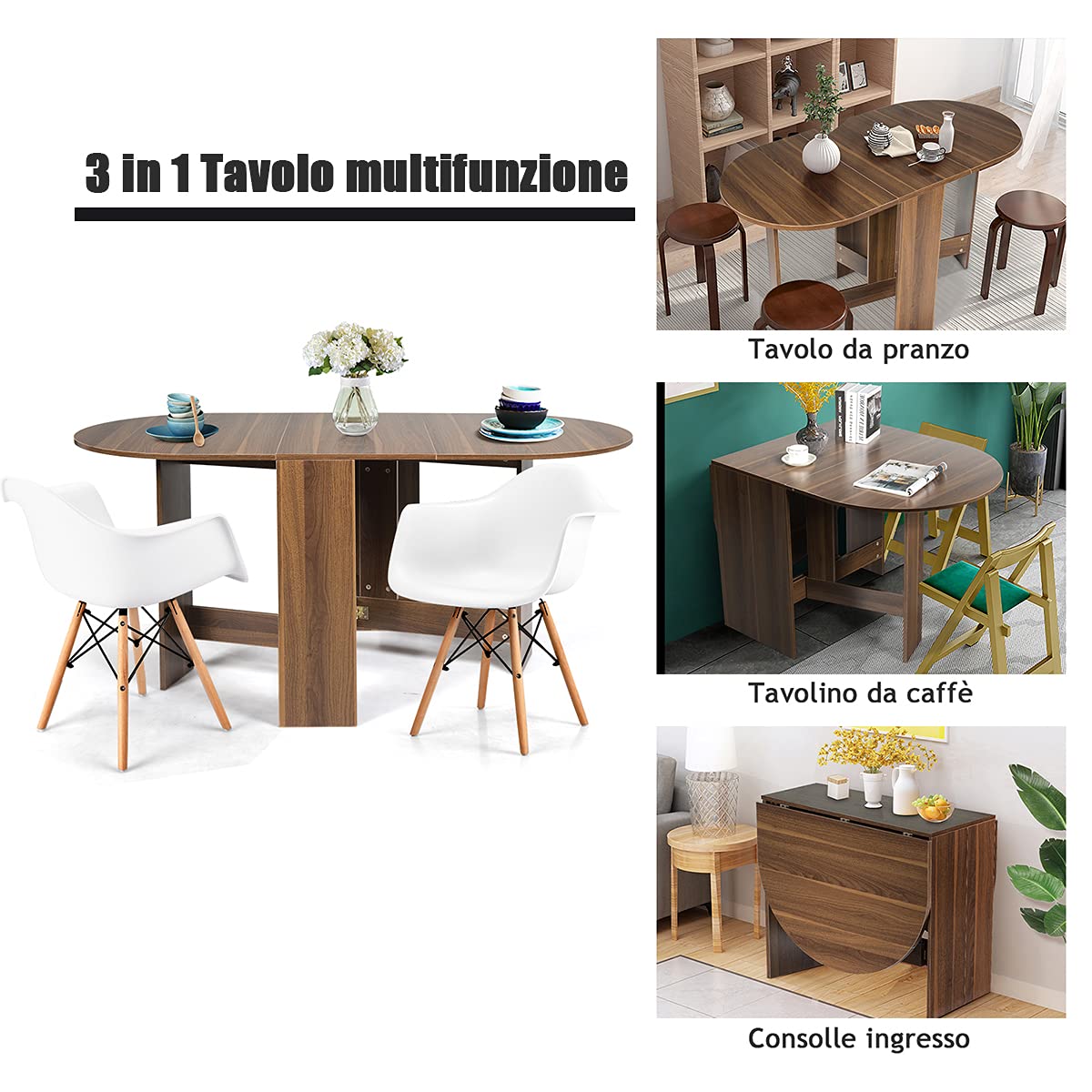 RELAX4LIFE 3 in 1 Tavolo da Pranzo Pieghevole/Scrivania/Consolle Ingresso in Legno, per Soggiorno, Sala da Pranzo e Ufficio, Multiuso per Lavoro, Studio e Ingresso, 163 x 80 x 75 cm (Marrone)
