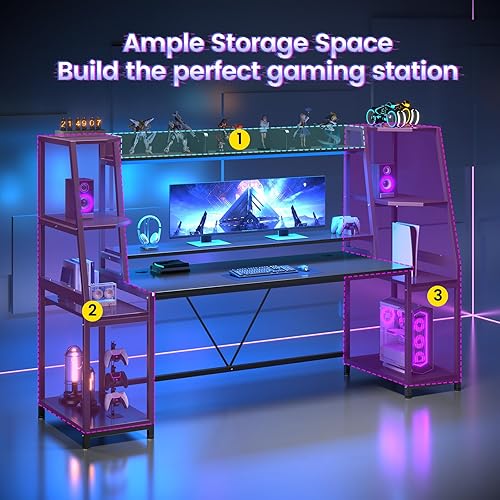 Miniatura 5 de SEDETA Gaming Desk 78.8'' with LED Lights, Hutch and Storage Shelves, Computer Desk with Monitor Stand, Large PC Gamer Desk Workstation, Ergonomic