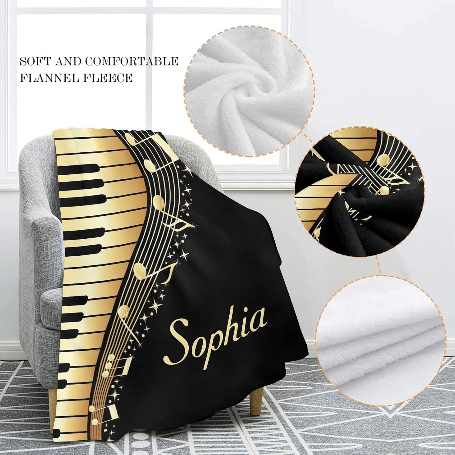 Black and Gold Music Personalized Blanket with Name Super Soft Fleece Throw Blankets for Bed Couch Birthday Wedding Gift 50 x 60 inch